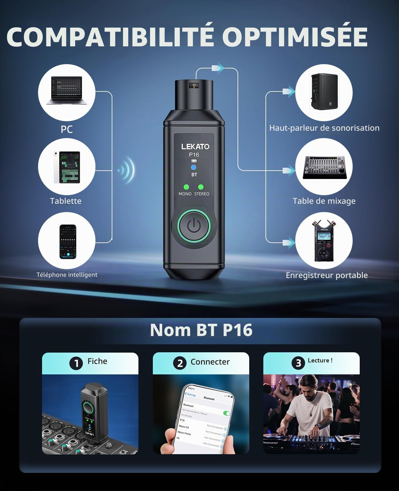 LEKATO Récepteur audio stéréo P16 XLR avec 15 heures de lecture, récepteur Bluetooth Hi-Fi avec portée de 50,3 m pour systèmes PA et DJ, mixeurs