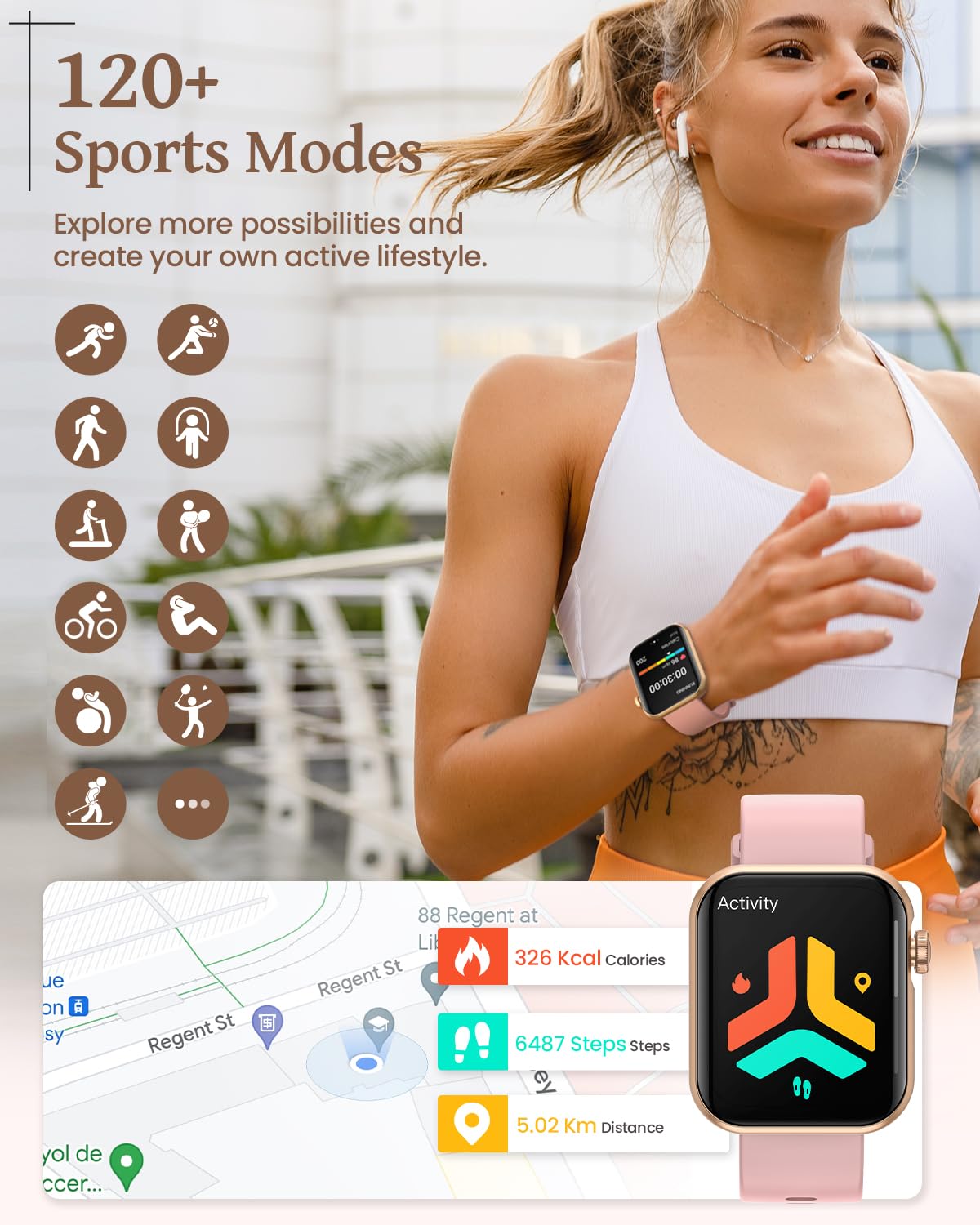 AIMIUVEI Smartwatch Donna, Orologio Smartwatch con Chiamate e Whatsapp, 120+ modalità Sportive, 24H Frequenza Cardiaca SpO2, Sonno Fisiologia Femminile IP68 Notifiche Calorie per Android iOS Oro Rosa