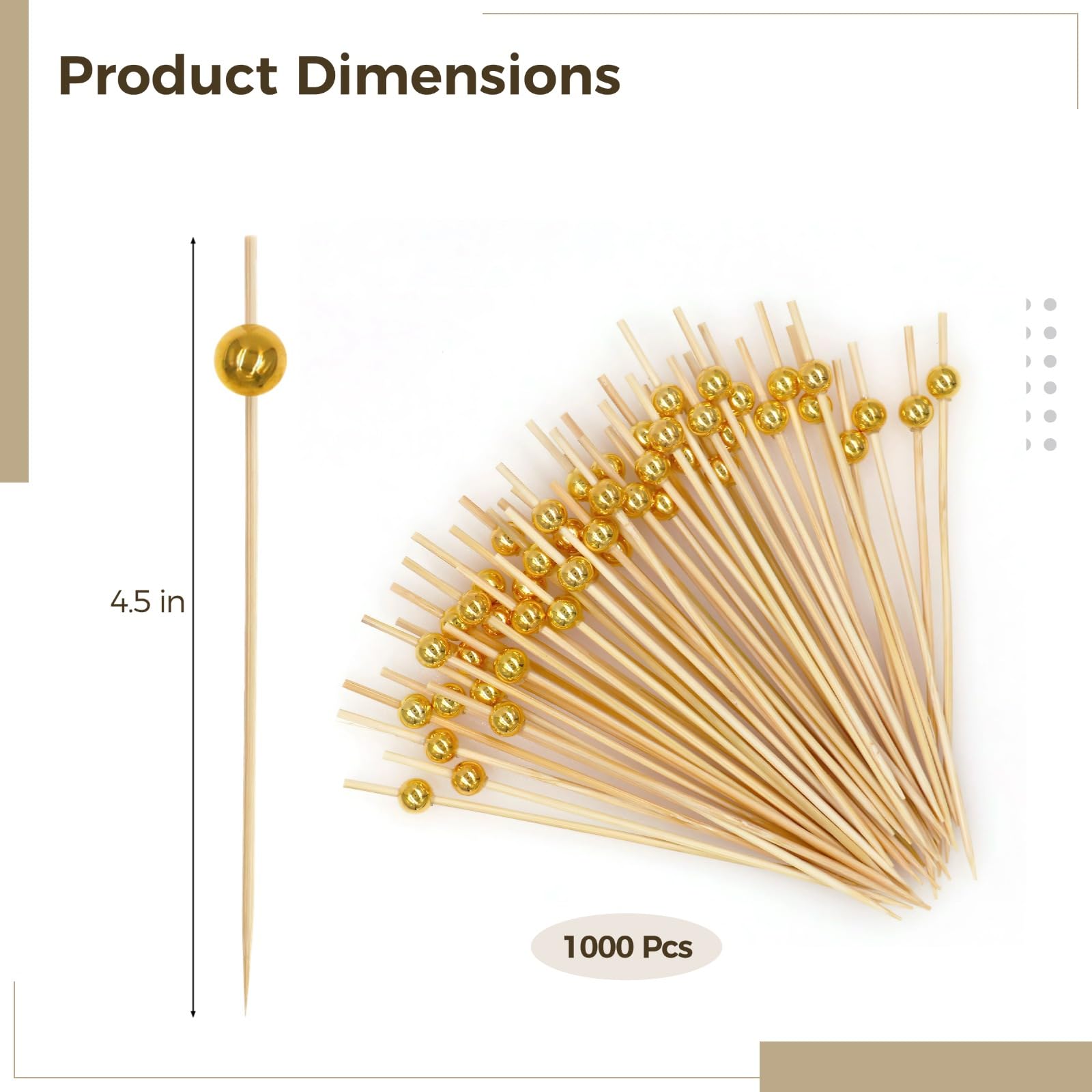 1000 palillos de cóctel de madera, palillos de dientes elegantes con cuentas doradas para aperitivos, palitos decorativos de frutas de postre, palitos de cóctel para bebidas, postres, embutidos