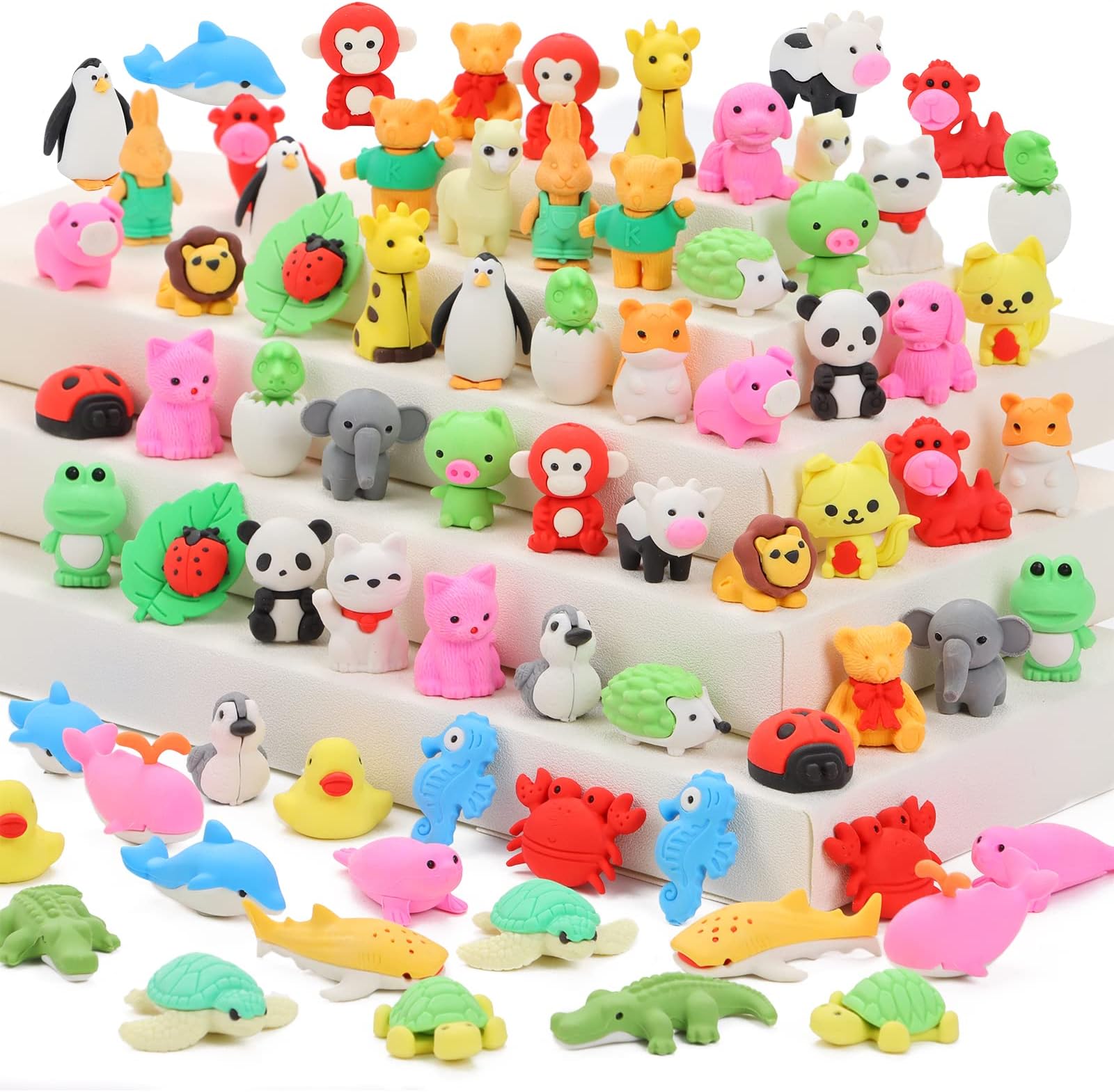 URSKYTOUS 90Pcs Animal Erasers Desk Pets for Kids Puzzle