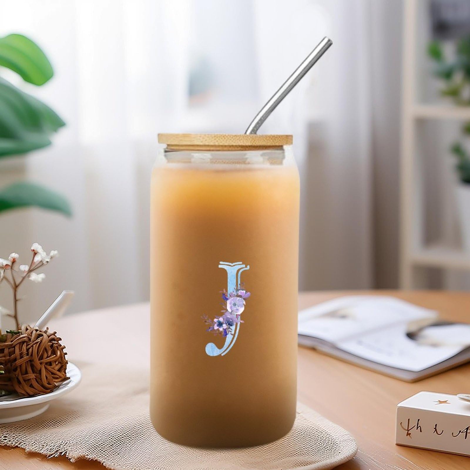 Yelolyio Glass Cups with Lids and Straws Monogram Letter J Glass Cup Watercolor Blue Letter Purple Flower Can Beer Cups Alphabet Letters Cups Great for for Soda Whiskey Coffee 16 OZ