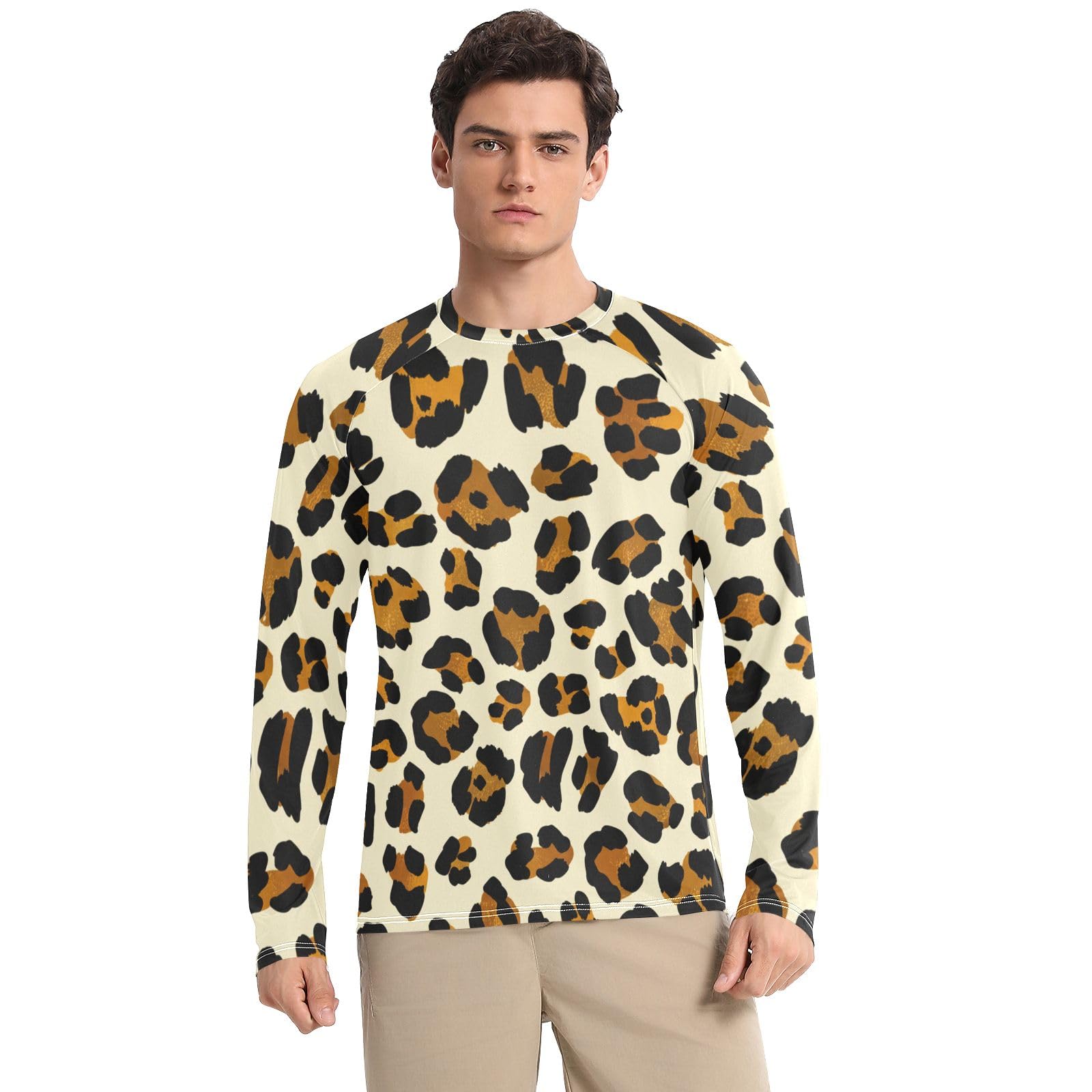 Brown Black Leopard Rash Guard Men Quick Dry UPF 50+ Sun Protection Long Sleeve Beach T-Shirts Sun Shirt for Outdoor, X-Large