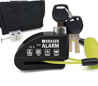 KRASER 6Y Brake Disc Lock with Alarm 110 dB, Reinforced, 3 Keys (2 Replacements) High Security Motorcycle Lock, Waterproof, 1.5 m Recall Cable, Bag, Universal Motorcycle Lock, Bicycle Lock