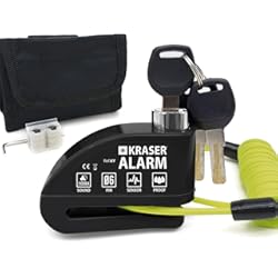 Alarma Moto Pilas KRASER 6Y Candado Moto Antirrobo Alarma Bicicleta, Cable Recordatorio, Bolsa Transporte, Pinza Bloqueo Disco Universal, Aviso Seguridad Motocicleta Scooter Bici Eléctrica Patinete, Certificación CE