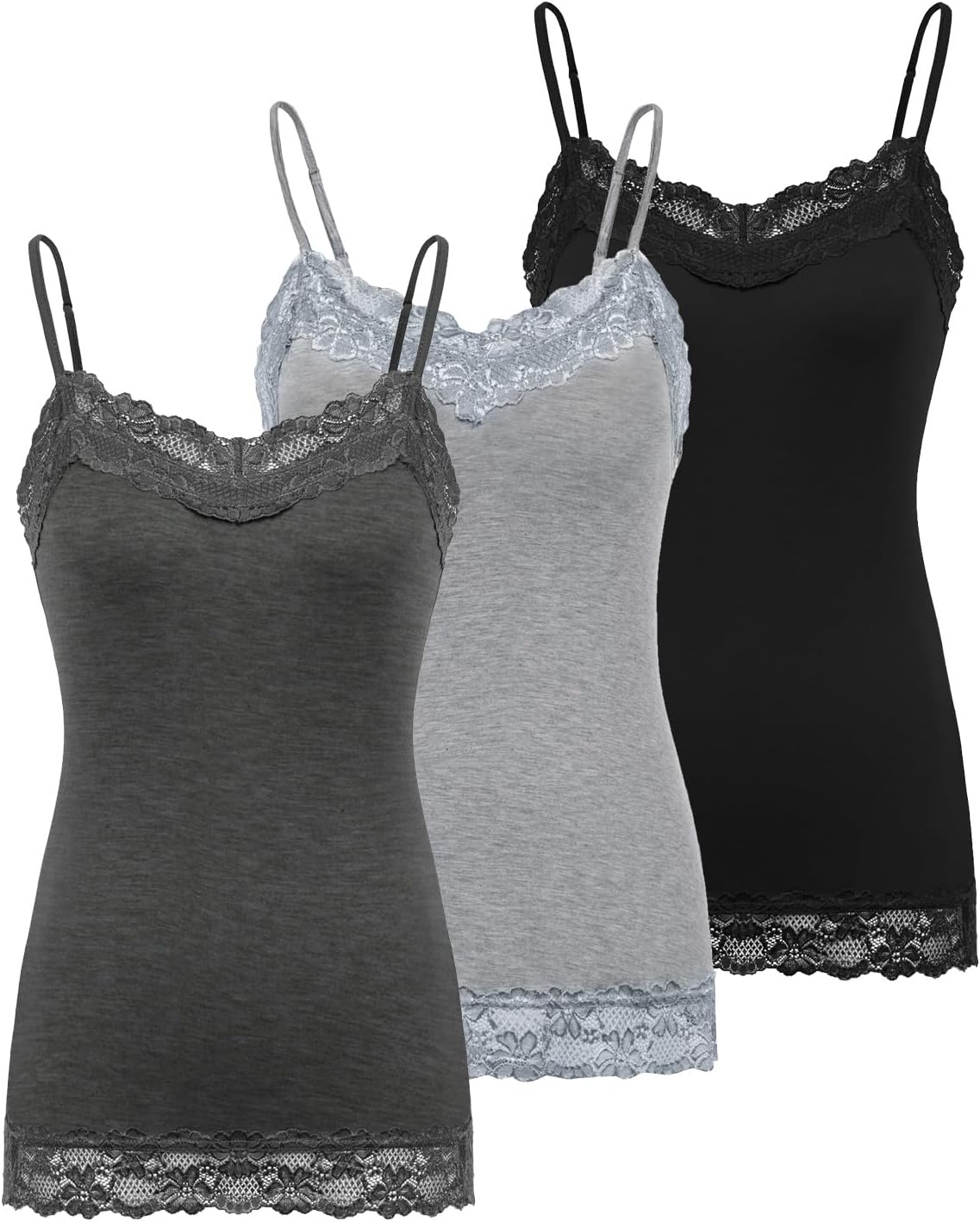 Kate Kasin Women's Adjustable Spaghetti Strap Lace Trim Cami Tunic Tank Top 3PACK