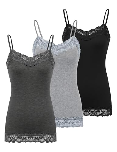 Kate Kasin Women's Adjustable Spaghetti Strap Lace Trim Cami Tunic Tank Top - 3 Pack-black/Light Grey/White Medium