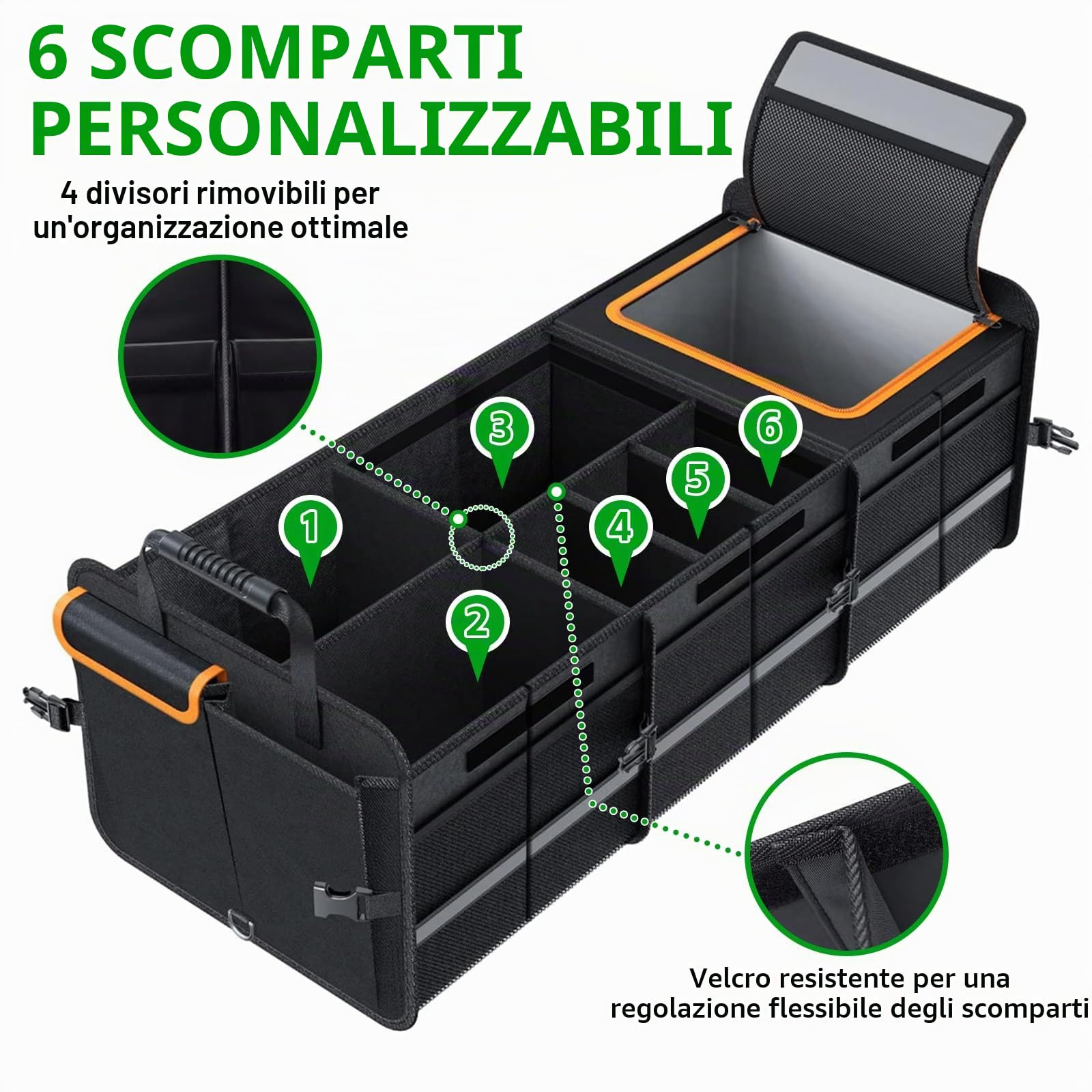 LIROPAU Organizer per bagagliaio auto, pieghevole, con borsa termica a prova di perdite, multi scomparti con divisori rimovibili, coperchio pieghevole, grande capacità per auto