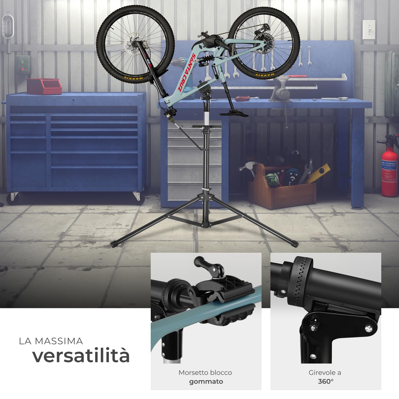 tectake®, Set Cavalletto bici per riparazione in acciaio e borsa telaio, cavalletto manutenzione bici, bike stand, ebike e bicicletta supporto, porta mtb, asta telescopica regolabile - Stile Treppiede
