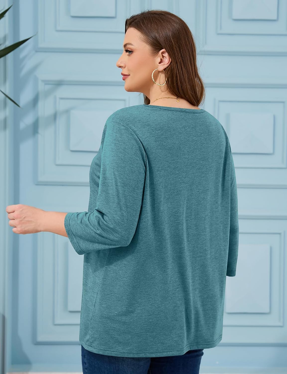 ZDC Womens Plus Size Tops 3/4 Sleeve V Neck T Shirts Casual Loose Fit Tee Tunic Blouse - Image 3