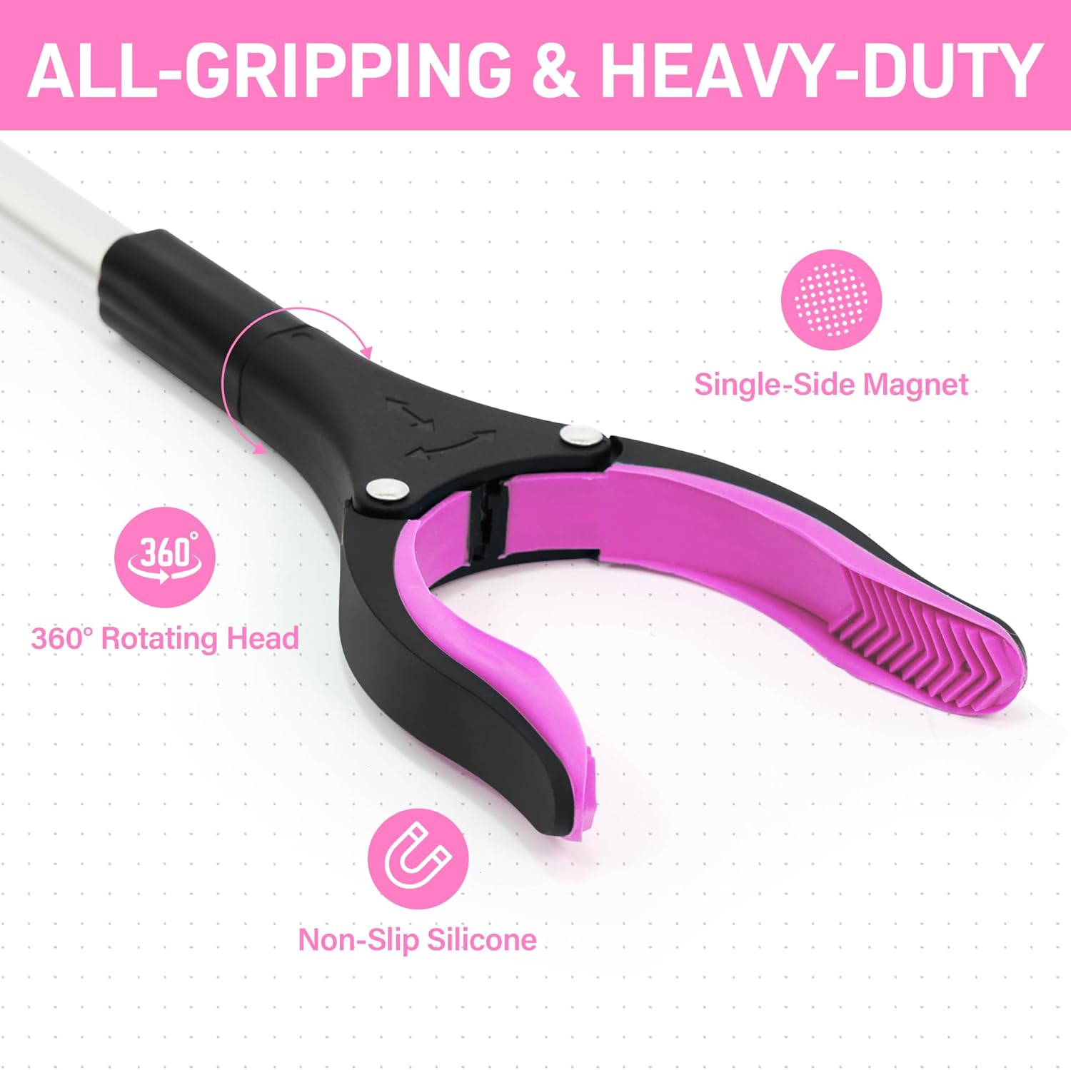 Grabber Reacher Tool for Seniors, 36" Foldable Reacher Grabbers Pickup Stick with Anti-Slip 360° Rotating Jaw, with Magnet for Disabled, After Surgery Recovery (Pink, 36Inch 1 Pack)