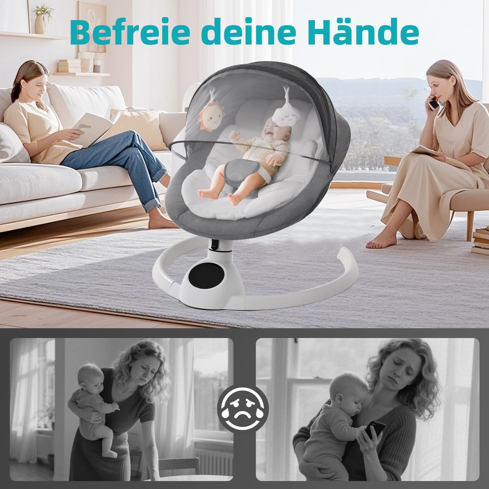 Babywippe Elektrisch Neugeborene bis 9 kg, Klappbar Bluetooth Babyschaukel Elektrisch mit 5 Schwinggeschwindigkeiten, 3-stufigem Timer und Fernbedienung, Tragbar Leicht Wippe Baby Elektronisch (Grau)