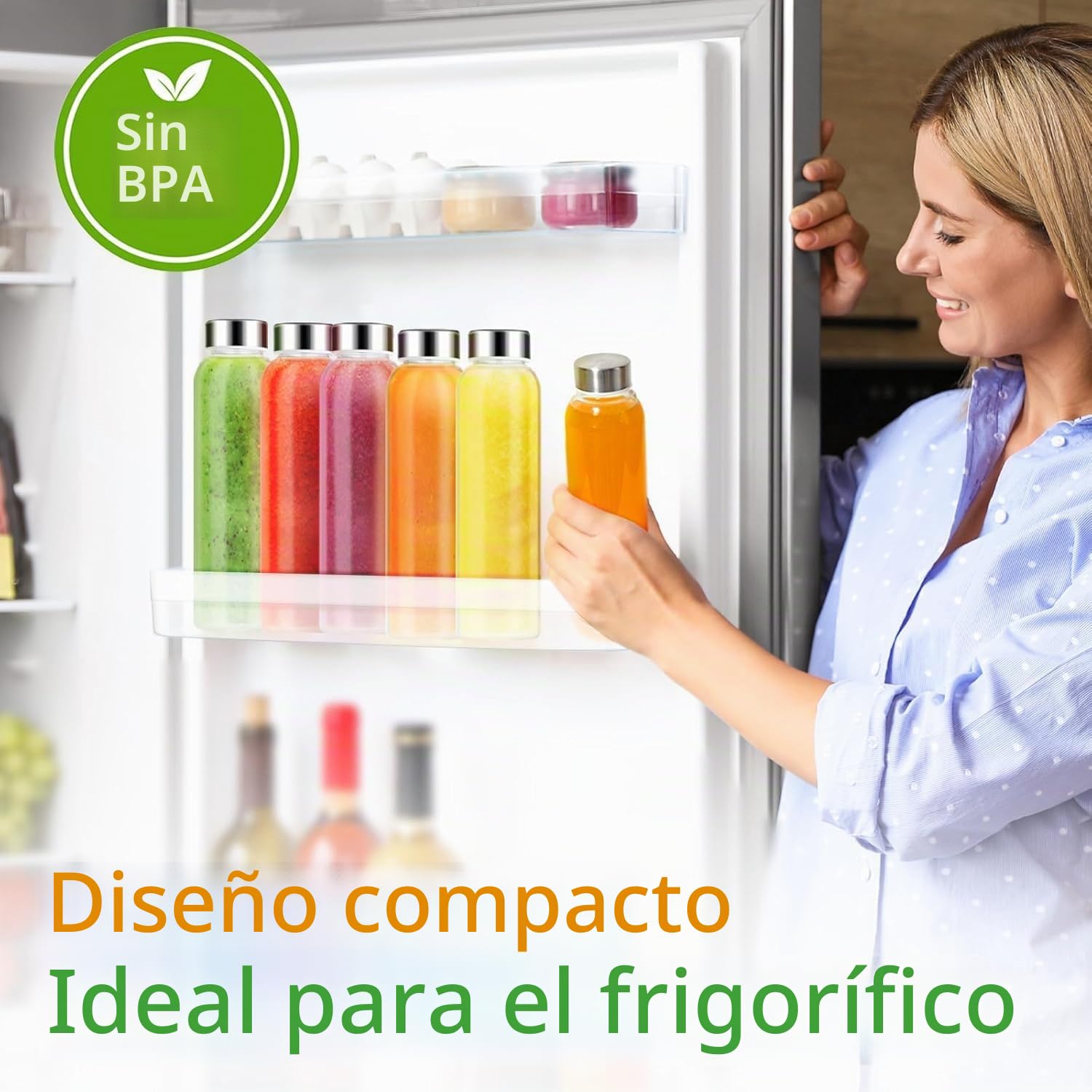 KAHEIGN 10 Piezas Botellas de Vidrio con Tapa Hermética de Acero Inoxidable, 540ml /18oz Jarra para Jugo a Prueba de Fugas Transparente Reutilizable con Limpieza Cepillo, Embudo, Hielo Palitos Bandeja