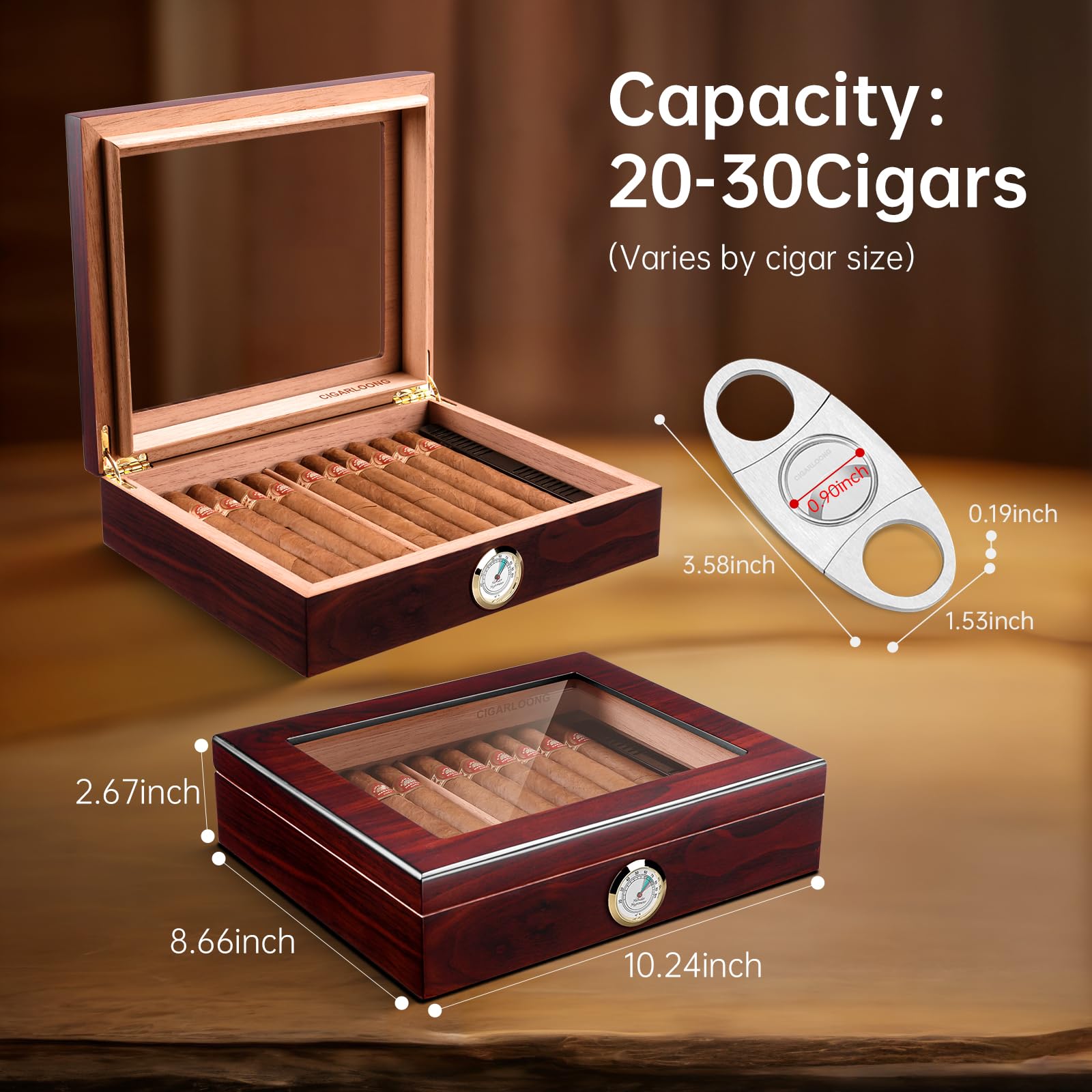 Zigarren Humidore Spanisches Zedernholz, Eleganter Humidor mit Hygrometer und Befeuchter & Zigarrenschneider Zedernholz Humidor Etui Zigarren-Desktop-Box Geschenke für Männer (Schwarz)