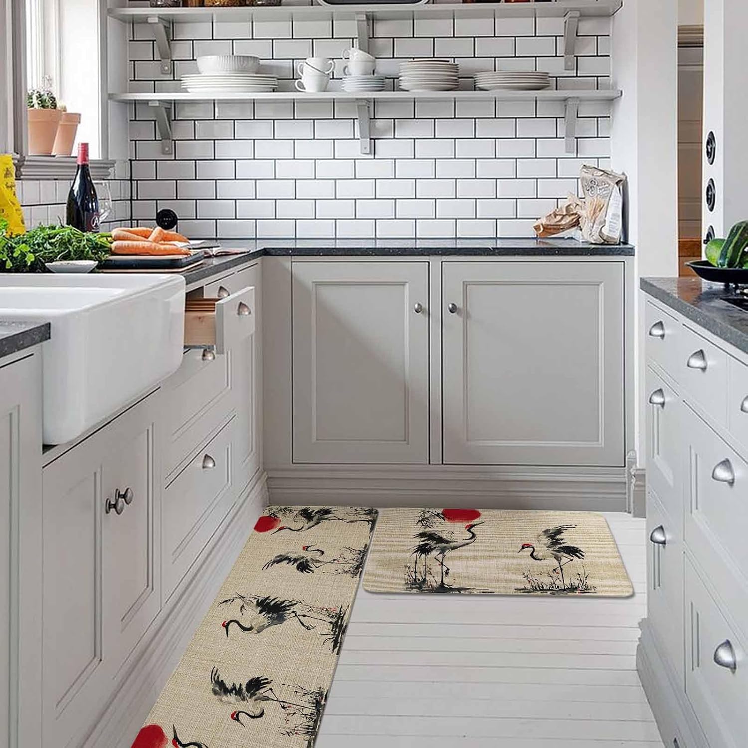 Crane Kitchen Rugs and Mats Set of 2, Non-Slip Kitchen Sink Mat, Black White Ink Wash Red Moon Botanical Farmhouse Washable Doormat Bathroom Rugs Runner for Bedroom/Living Room 19.7"x31.5"+19.7"x47.2"