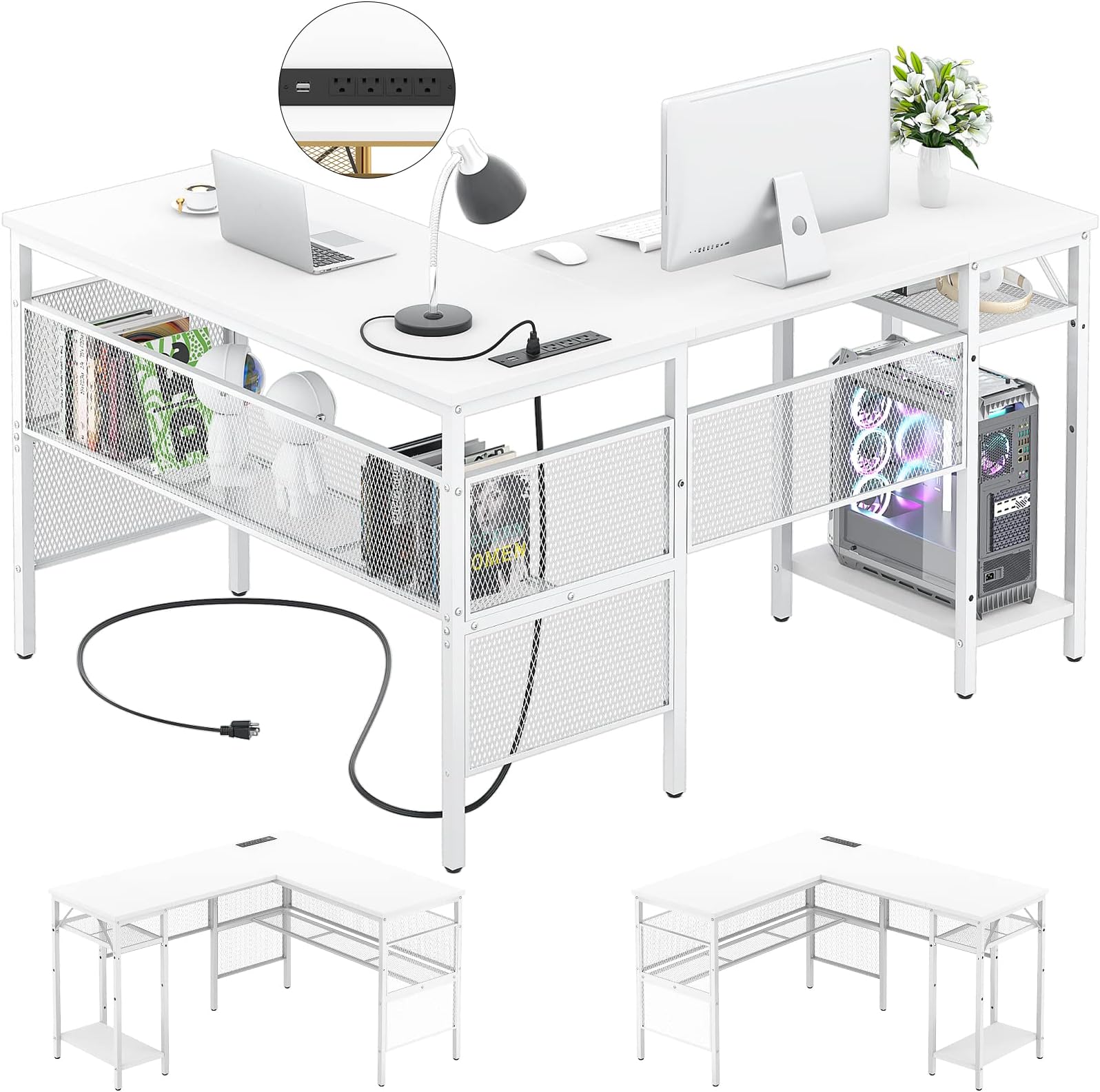 Unikito L Shaped Computer Desk with Power Outlet and USB Charging Port, Reversible L-Shaped Office Desks with Storage Shelves, Unique Grid Design, 2 Person Gaming Corner Table for Home Office, White