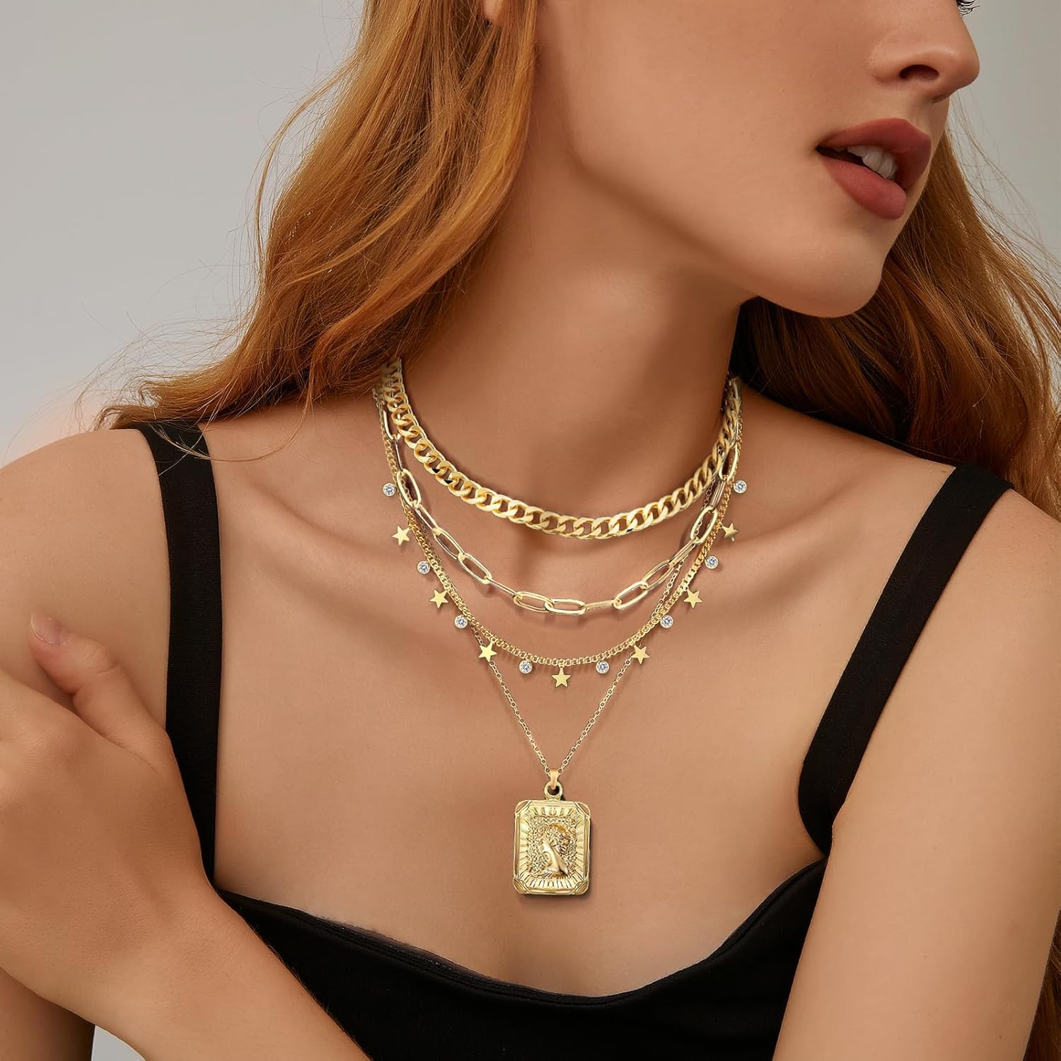 MJartoria Gold Layered Necklaces for Women Trendy Retro Square Pendant Necklace Dainty Chunky Chain Choker Necklaces for Jewelry Birthday Gifts - Image 8