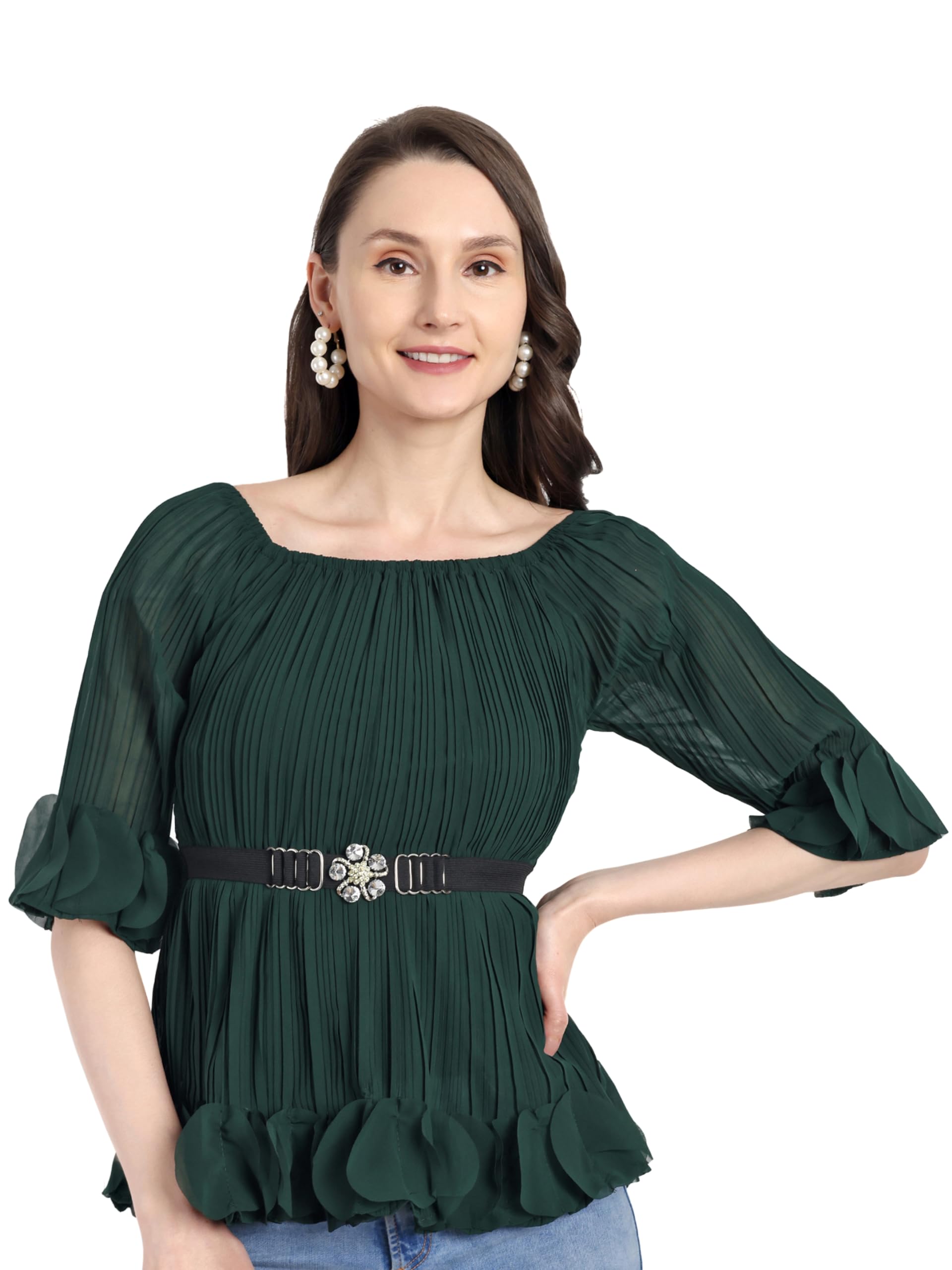 kiawah Women's Georgette Solid Flared Top with Belt-picture-37