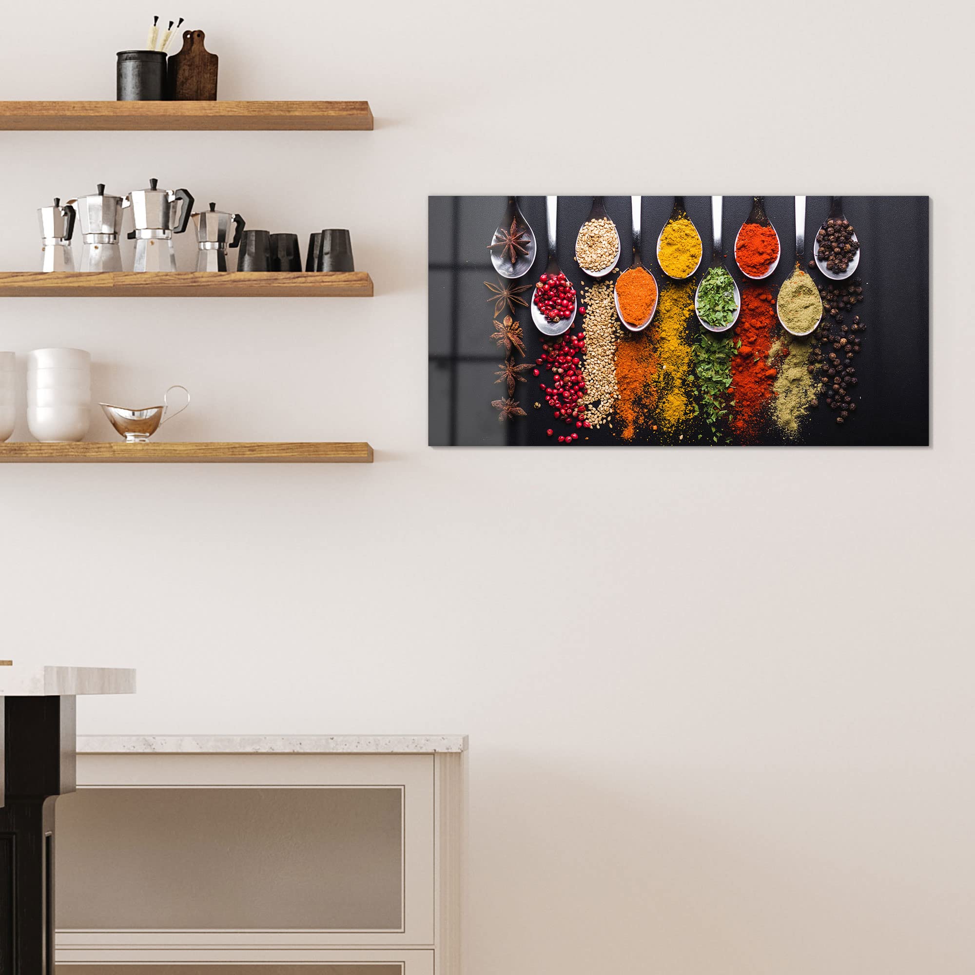 DEQORI Glas-Magnettafel | 100x50 cm groß | Motiv Kochlöffel mit Gewürzen | Memo-Board aus Glas | Magnetboard inkl. Magnete, Stift & Tuch für Küche & Büro | Tafel magnetisch & beschreibbar