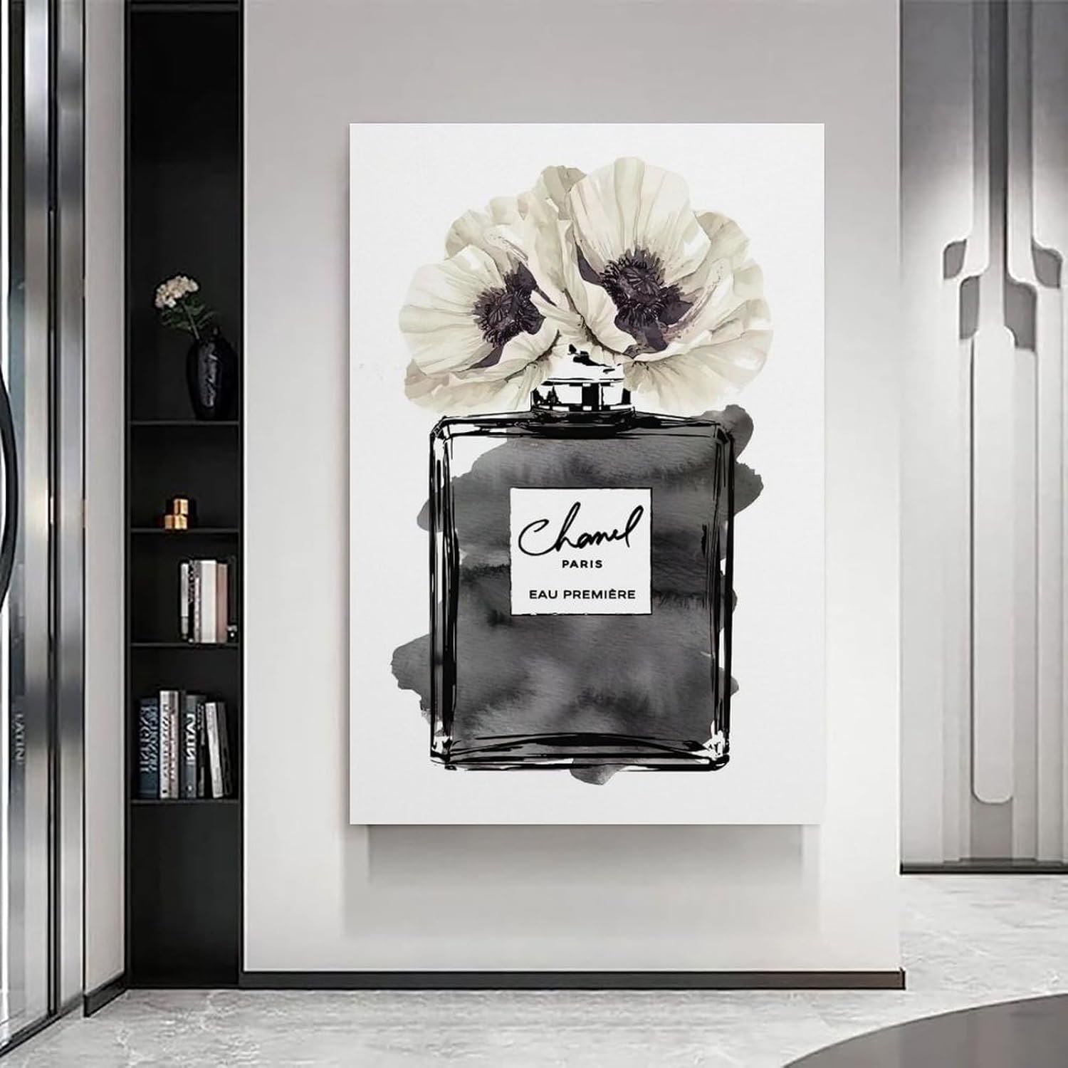 WEboL Fashion Perfume Bottle Black With Grey & White Poppy Poster Decorative Painting Canvas Wall Art Picture Print Modern Family Bedroom Decor 12x18inch(30x45cm),Framed