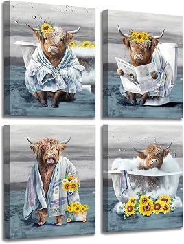Framed Bathroom Decor Wall Art Sunflower Highland Cow Decor 8X10Inch