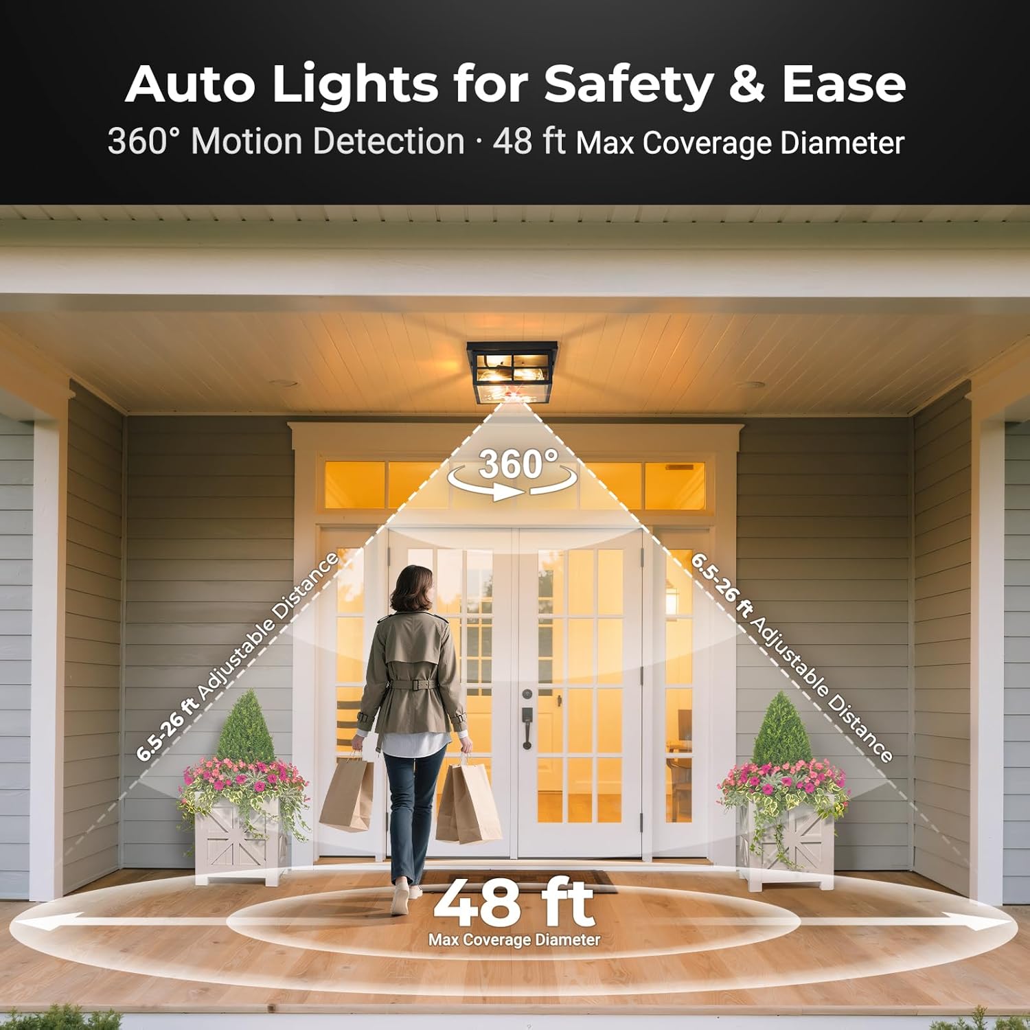 Motion Sensor Outdoor Ceiling Light with Remote, Distance and Time Adjustable Outside Flush Mount Ceiling Light, 5 Modes Porch Lights Outdoor Ceiling for Garage, Porch, Entryway, Black, Square