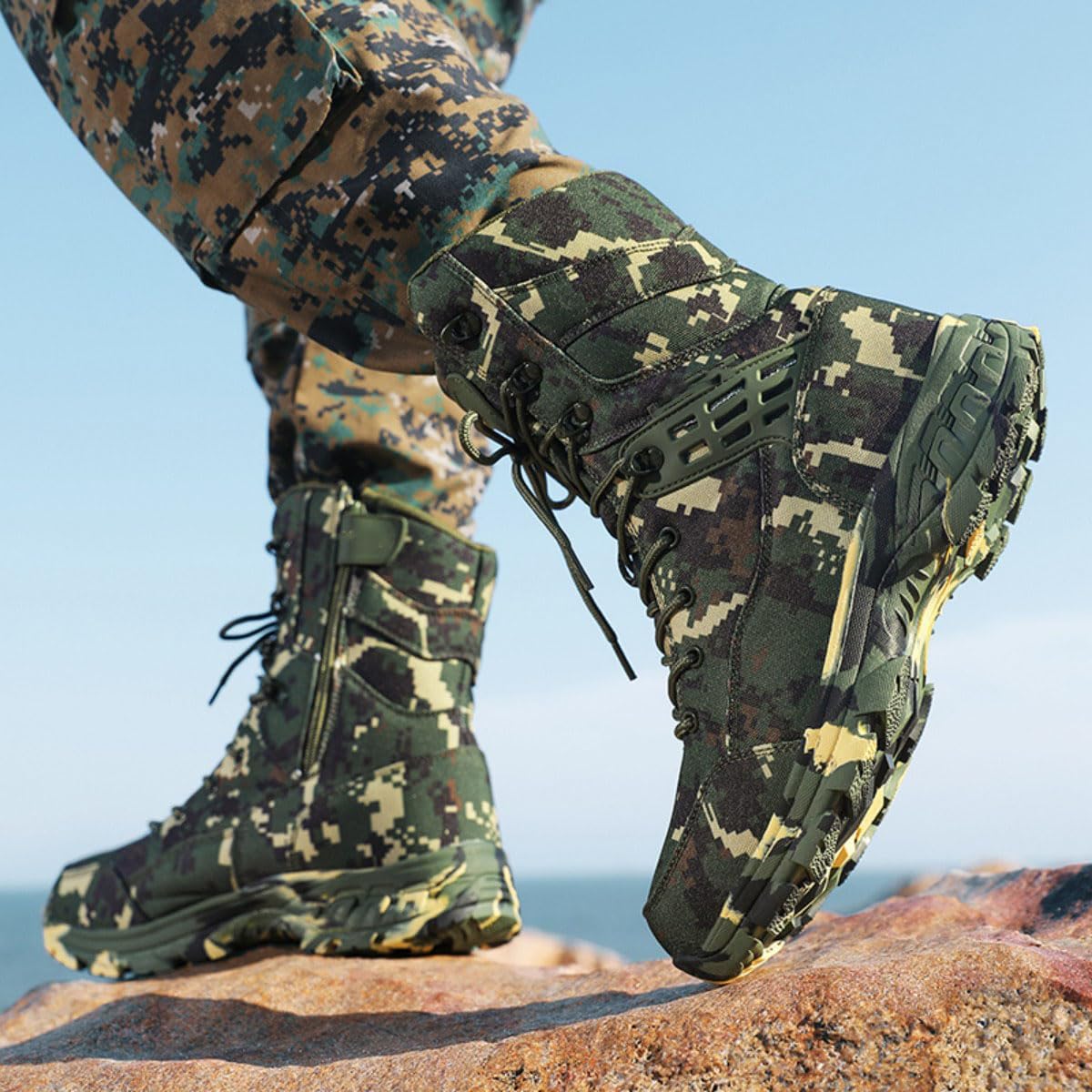 Men's Lightweight Tactical Combat Boots with Side Zipper & Slip-Resistant Sole