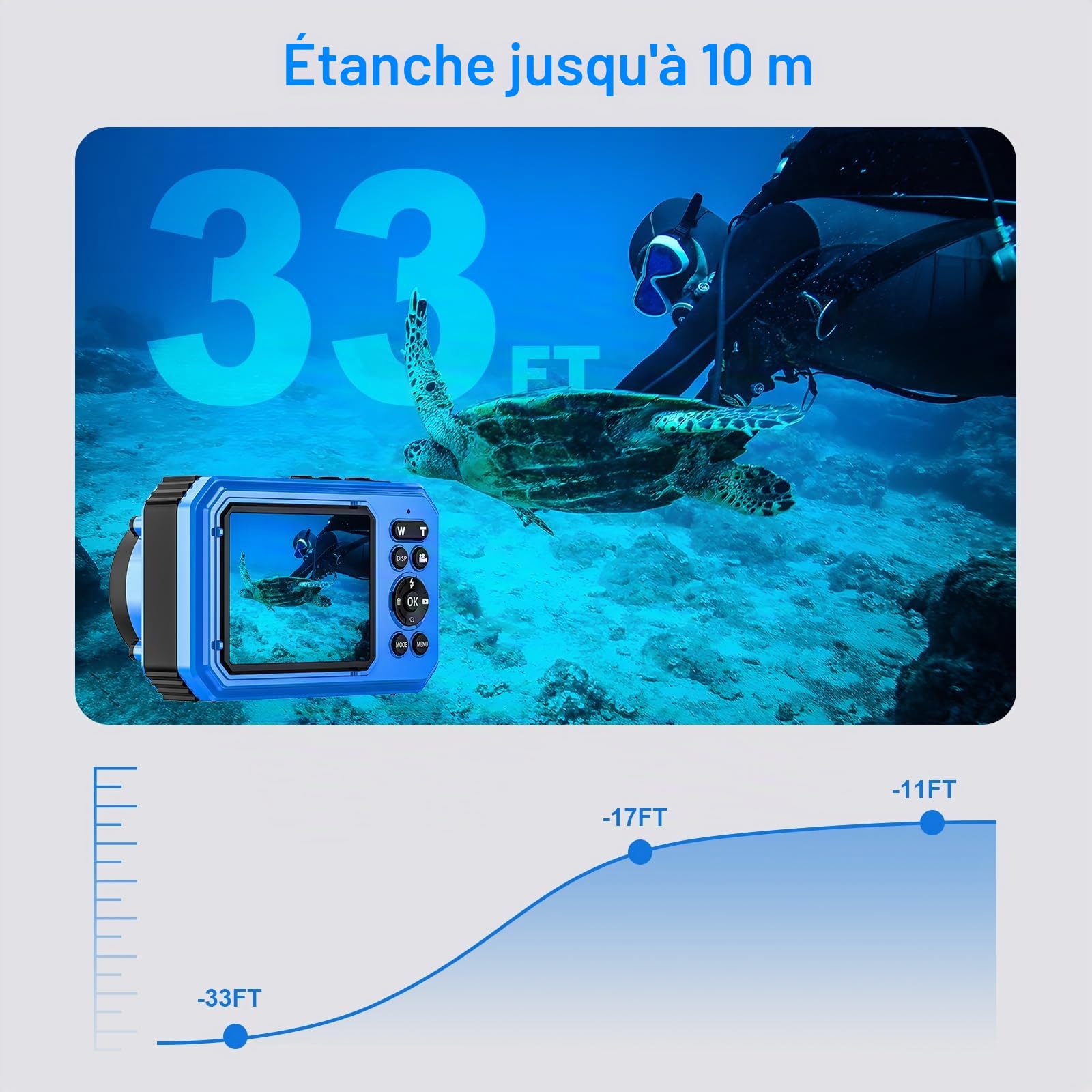 Appareil photo numérique 4K 64 MP UHD sous-marin étanche 33FT avec carte 32 Go double écran flottant compact