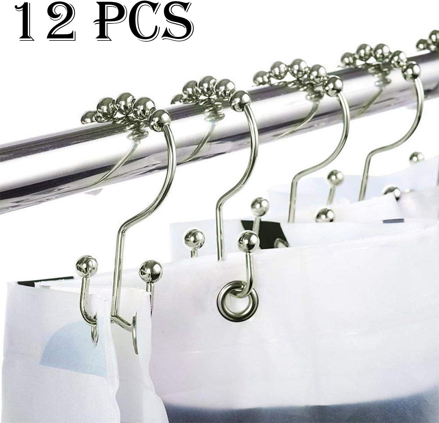 Visen Shower Curtain Hooks Rings,Premium Resistant Shower Hooks for Curtain,Metal Roller Glide Double Hook for Bathroom Curtain Rods,Set of 12 (Nickel)