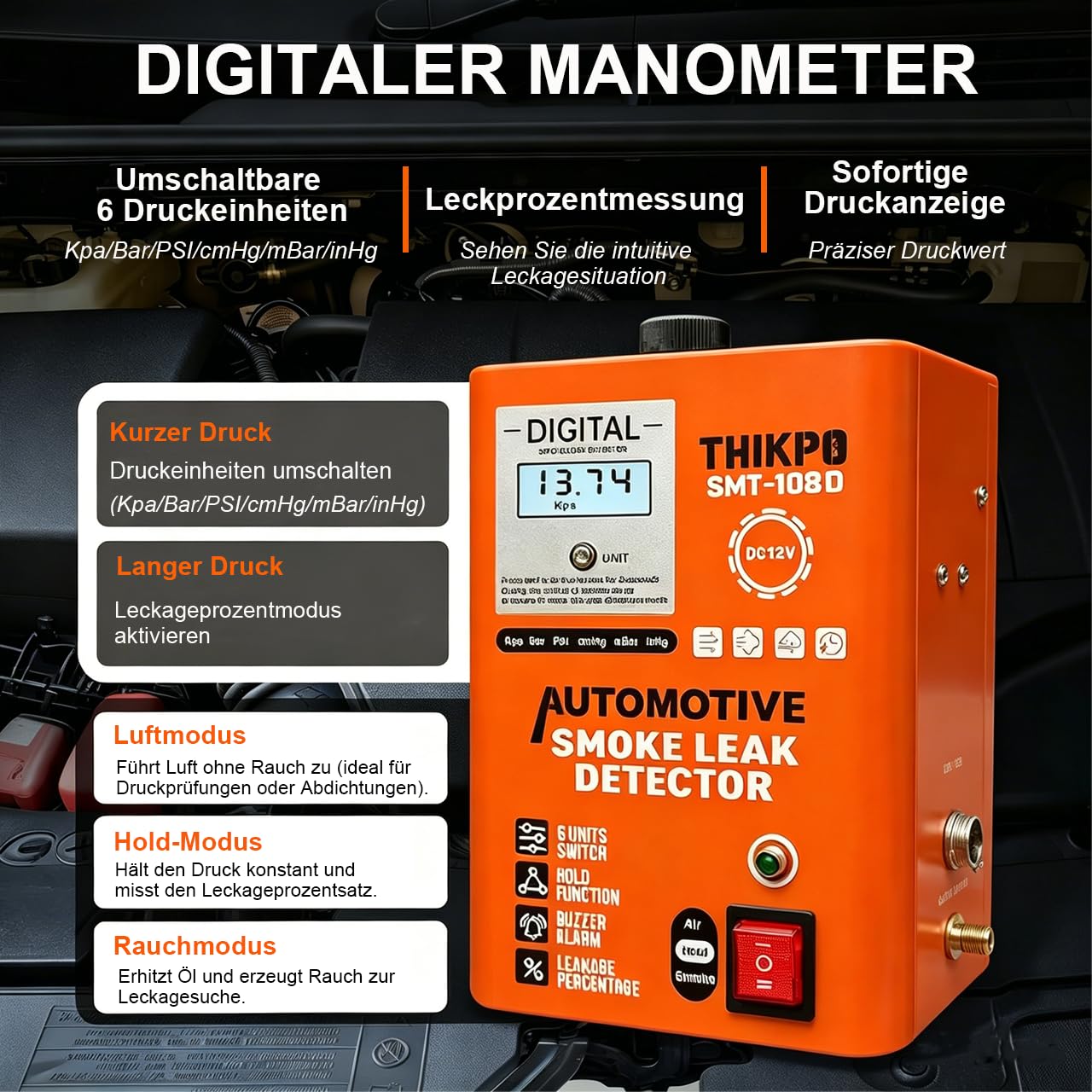 Auto-Rauchlecksuchgerät mit integrierter Luftpumpe, EVAP-Vakuum-Ansaug-Turbo-Lecktester für Autos, professionelle Diagnose-Rauchmaschine mit digitaler Druckanzeige