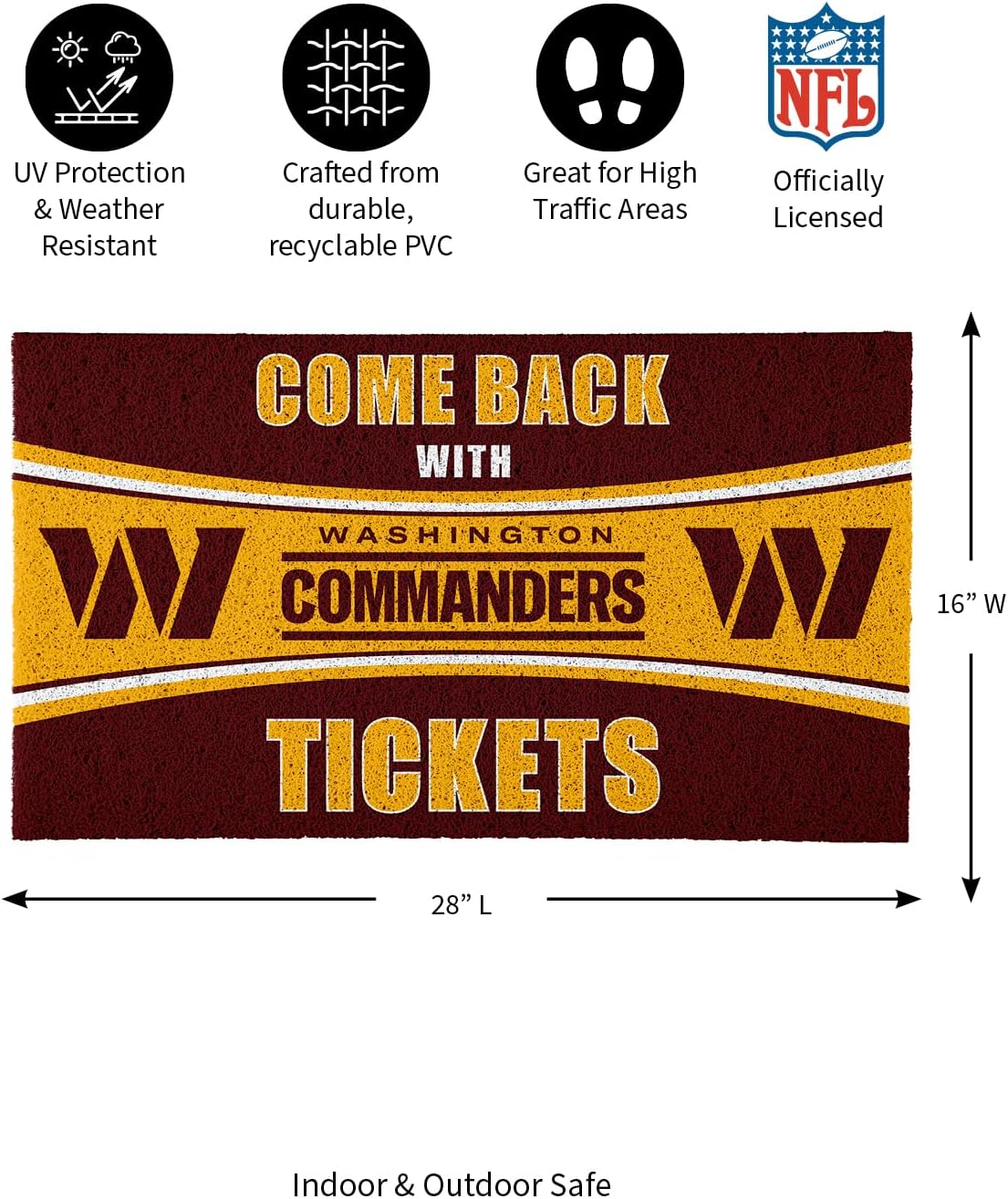 Team Sports America NFL Washington Commanders | Indoor and Outdoor Entryway | 28 x 16 Inches | Non Slip Back | Welcome Floor Mats | Muddy Dog Paws | Front Door Entrance Home Décor