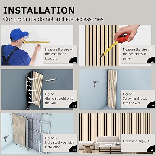 Miniatura 7 de BUBOS Paneles de pared de madera acústica, paquete de 2 paneles de pared insonorizados de 47.2 x 12.8 pulgadas, paneles acústicos de listones de