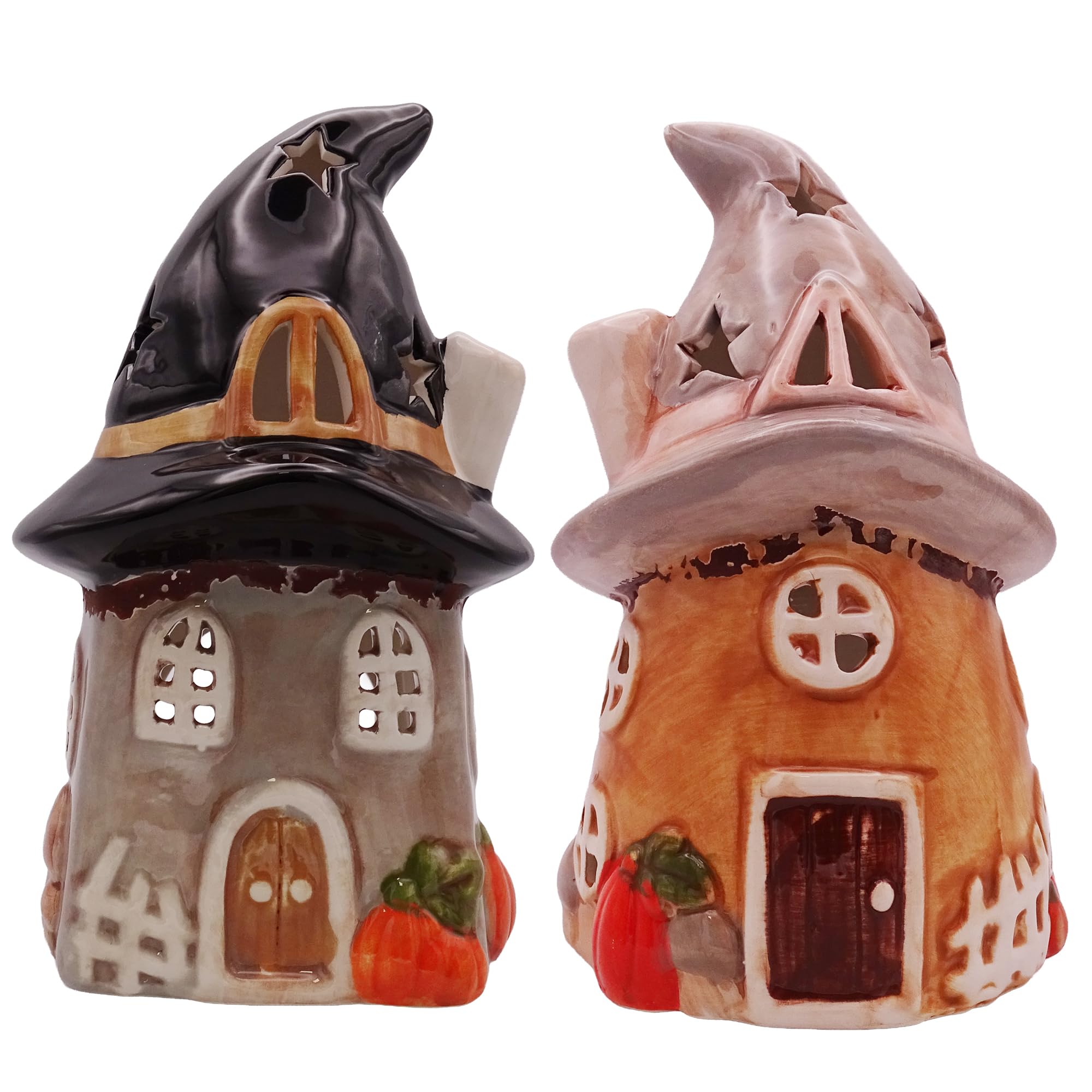 Logbuch-Verlag Windlicht Hexenhaus 17 cm aus Keramik – 2er Set Halloween-Deko mit Kürbissen & Sternen, Bunte Herbstdeko zum Hinstellen