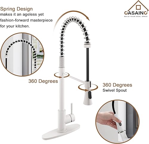 Miniatura 3 de CASAINC Grifo de cocina blanco mate, resorte extraíble de 1.8 gpm, grifo de fregadero de cocina con un solo mango, cobre sin plomo de alta manija