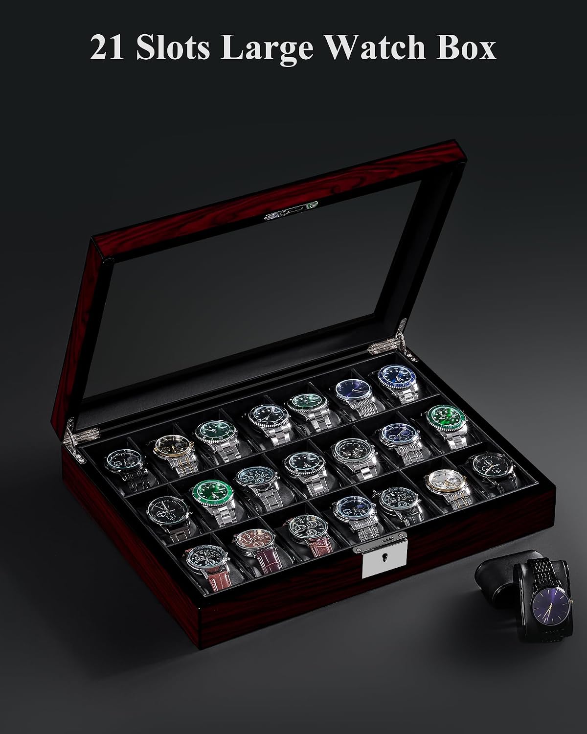 ANWBROAD 21 Slot Watch Cases for Men Watch Box with Large Glass Lid Lockable Wood Watch Display Case Watch Organizer Giftable Elegant Watch Holder UJWB004Y