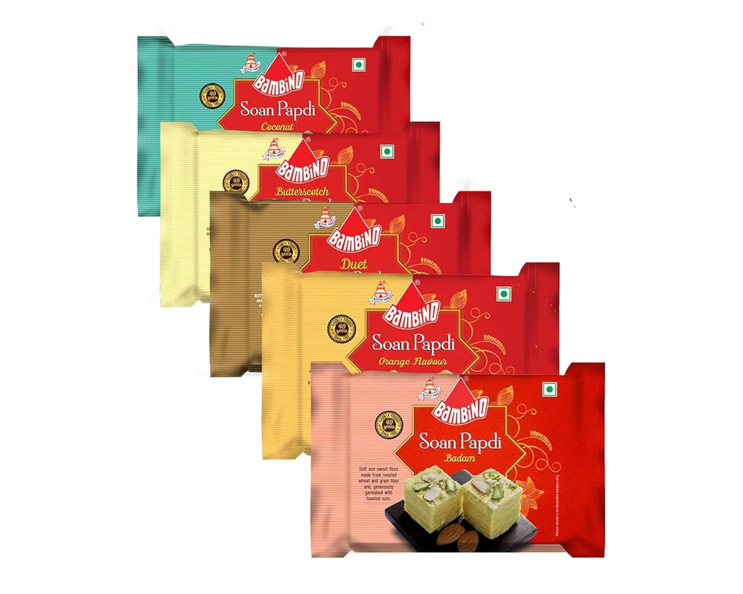 Bambino Soan Papdi Assorted Combo Pack Each 200 Gms X Pack of 5 1 Kg (Badam,Butterscotch,Orange,Duet,Coconut)