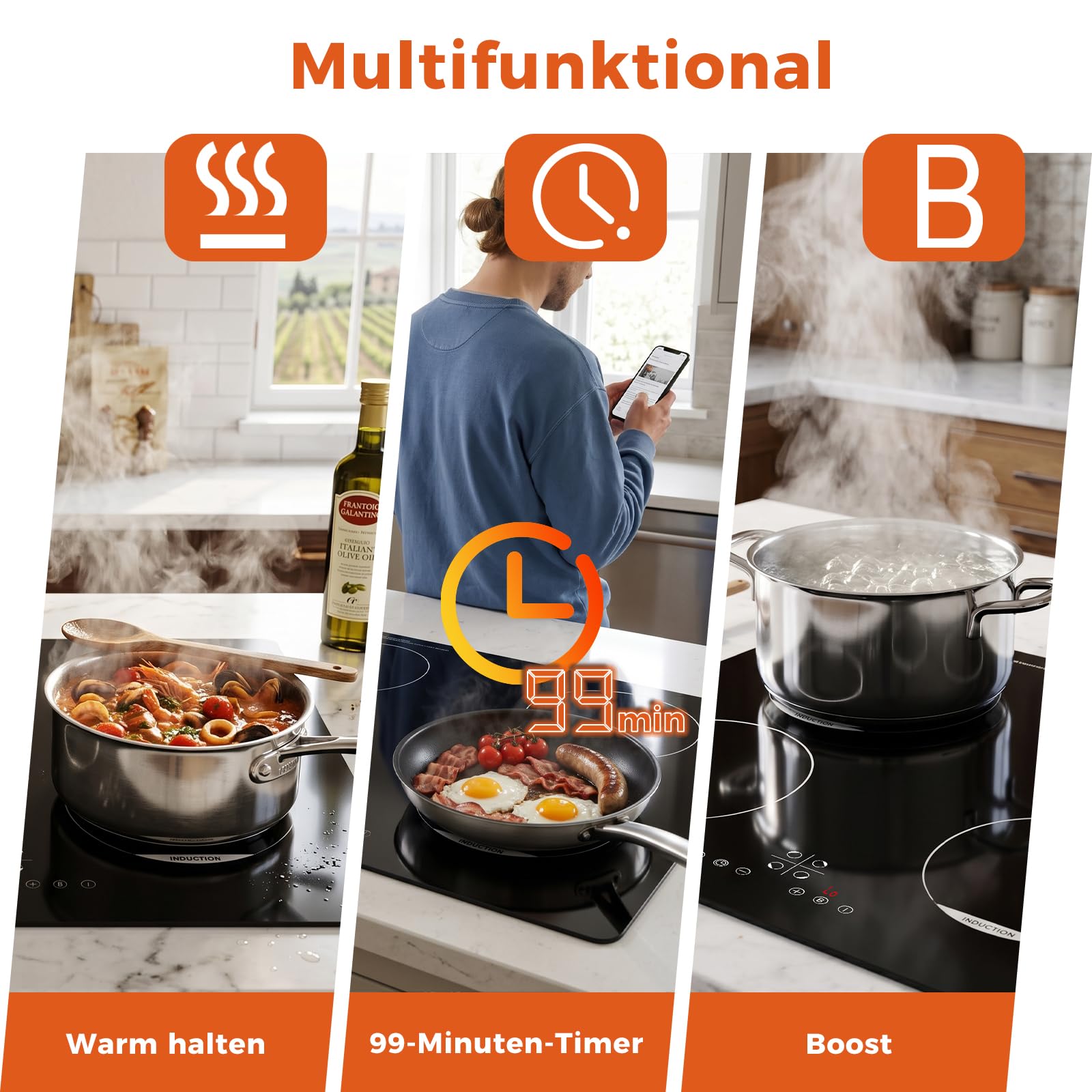 Topwish Induktionskochfeld, Induktionskochfeld 4 platten | Herdplatte 4 kochfelder, Kochfeld induktion mit Kindersicherung, Boost, Touchsteuerung, Restwärmeanzeige, 7200W