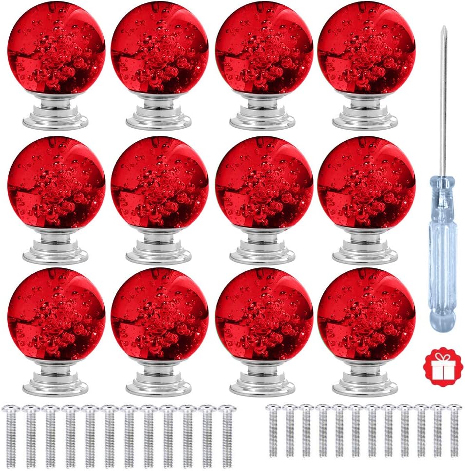 12 Pcs 30mm Round Shape Bubble Crystal Glass Cabinet Knobs with Screws Drawer Knob Pull Handle Used for Kitchen, Dresser, Door, Cupboard (Dark Red)