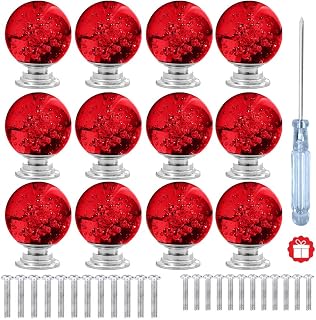 12 Pcs 30mm Round Shape Bubble Crystal Glass Cabinet Knobs with Screws Drawer Knob Pull Handle Used for Kitchen, Dresser, Door, Cupboard (Dark Red)