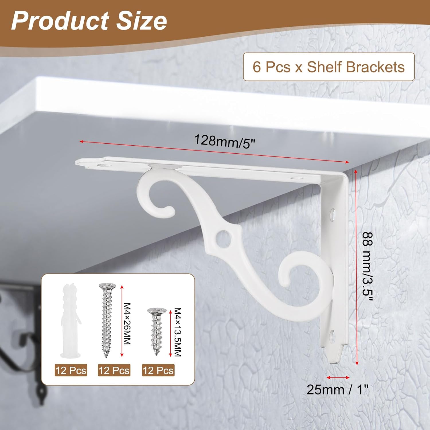uxcell 6 Pcs Decorative Shelf Brackets, 5" x 3" Heavy Duty Floating Shelf Brackets Wall Mounted Metal l Shelf Brackets for Wall Bookshelves Shelves Support, White