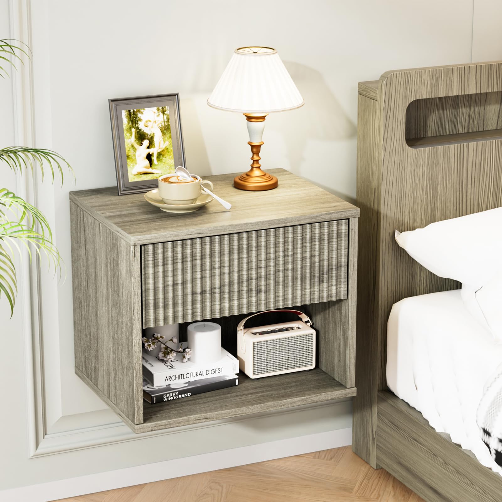 Bonnlo Gray Oak Floating Bedside Table, Wall Mounted Nightstand with 1 Drawer, Grille Floating Side Table with Open Shelf, 40ร30ร33cm for Bedroom