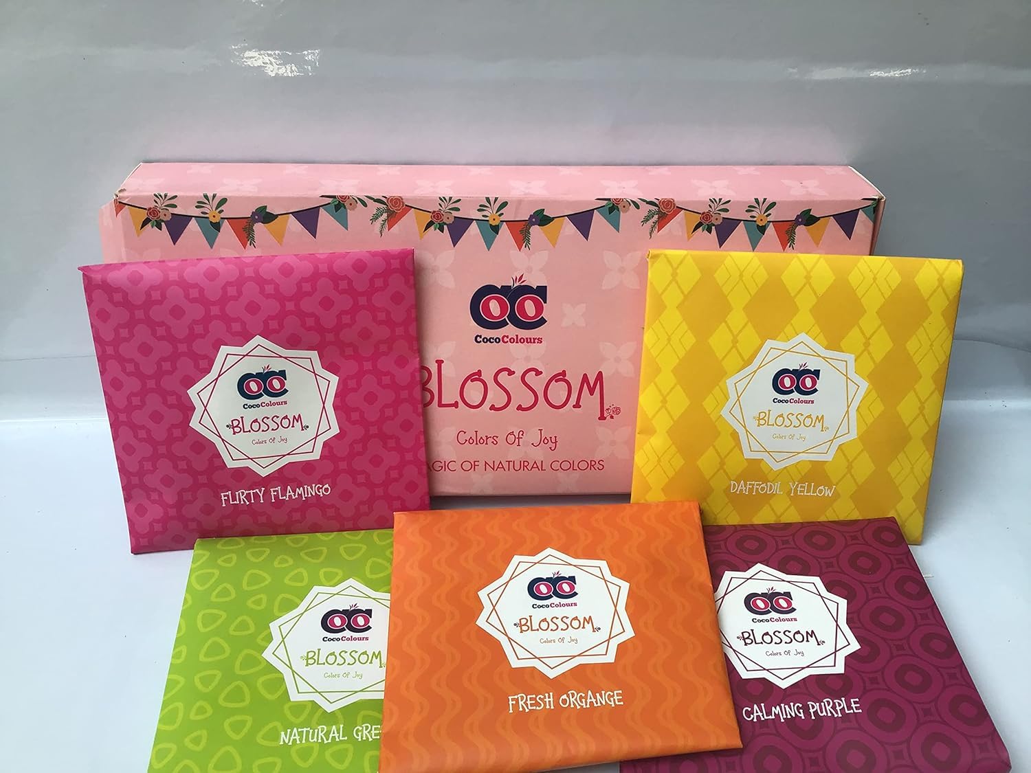 Smizzy Gift Hamper Box Packed Natural| Soft & Glossy| Non Toxic, Organic & Herbal Gulal Color- Pack of 5 (400 gm) Holi Celebration Rangoli Craft Activities| Orange, Pink, Yellow, Green and Purple