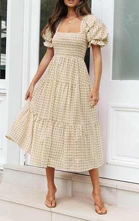 ZESICA Women's Summer Boho Gingham Puff Sleeve Square Neck Beach Midi Dress | 2026 Casual Bohemian Flowy, Swing A Line, Vintage, Baby Shower Cottagecore Maternity Plaid Tea Party Dresses