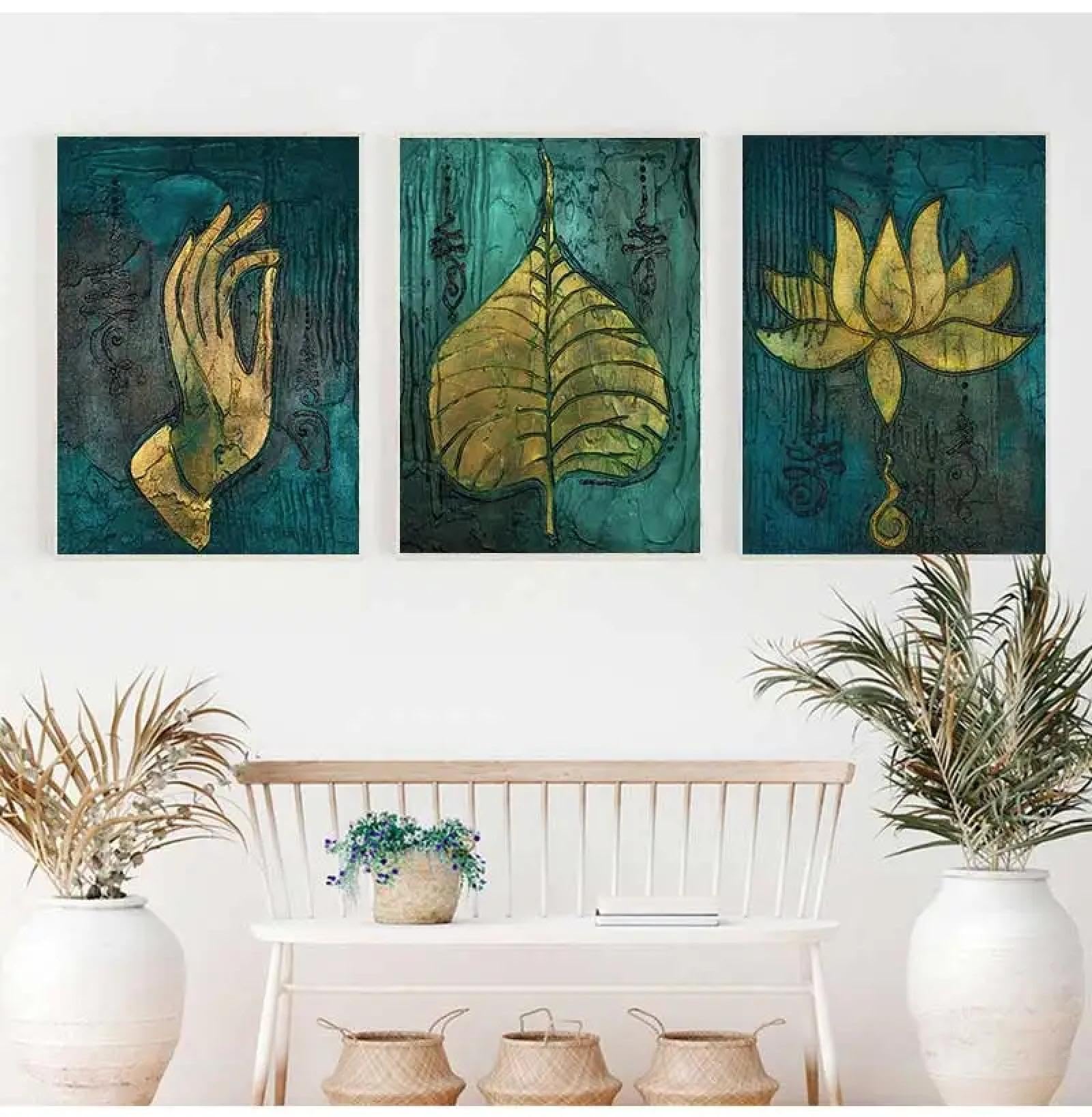 GOSRD Thai Buddha Painting Southeast Style Wall Posters India Bergamot Lotus Yoga Buddha Canvas Prints Living Room Decor 19.6”x 27.5”(50x70cm) x3 No frame