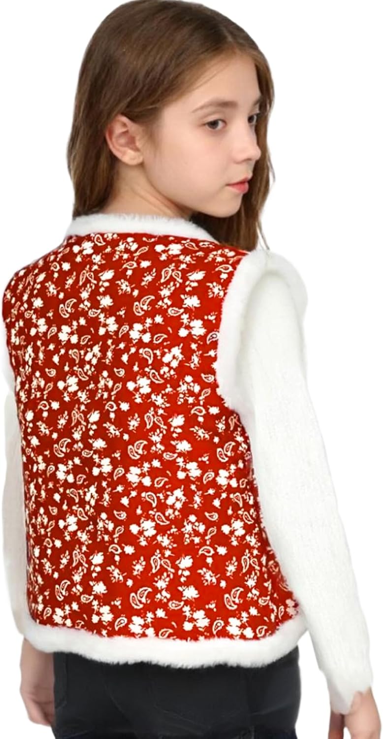 Girls Floral Fleece Vest Sleeveless Thick Padded Jacket with Front Knot and Buttons Winter Outerwear