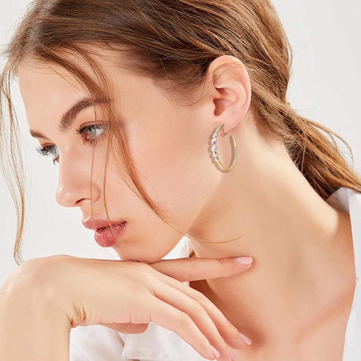 EVEVIC Austrian Crystal Clip On Hoop Earrings for Women Trendy 14K Gold Plated Hypoallergenic Half Hoops Earring Non Pierced Jewelry Gifts - Image 5