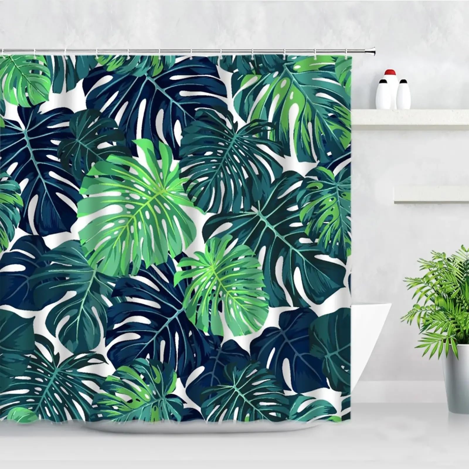 Rideau de douche feuilles vertes tropicales pour créer une ambiance spa nature