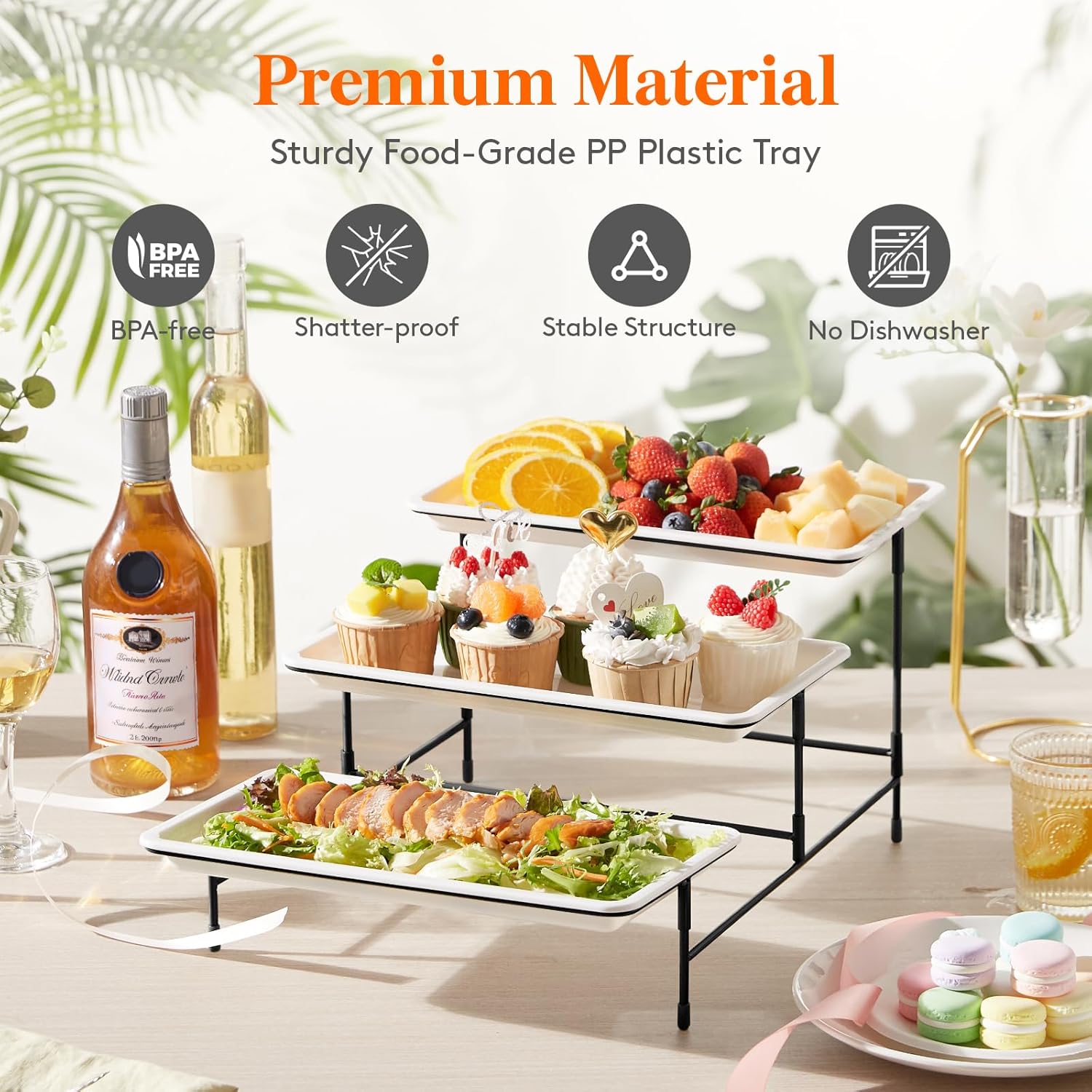 Lifewit 3 Tier Serving Tray, 30 x 17 cm/12 x 6.5 White Plastic Tiered Food Serving Platters, Tiered Tray Stand for Party with Black Collapsible Metal Stand, Dessert Display Stand for Cookies/Crackers - Image 6