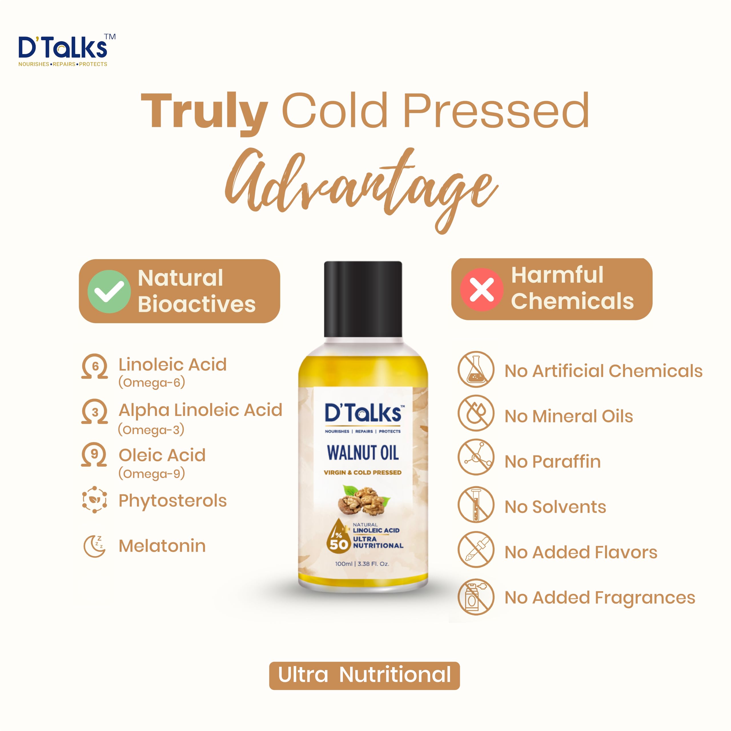 D'Talks Walnut Oil | TRULY Cold Pressed | Less Greasy ; Absorbs Easy | Food, Skin & Hair application | 100% Pure & Natural | Own manufactured | 100ml - Image 6 thumbnail