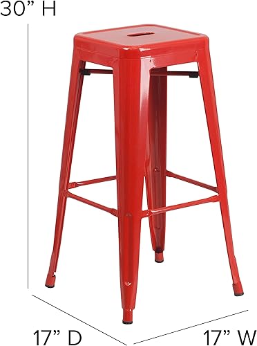 Miniatura 3 de Taburete alto sin respaldo de metal negro, alto, de 30 pulgadas, con asiento cuadrado para interiorexterior, Metal, Rojo