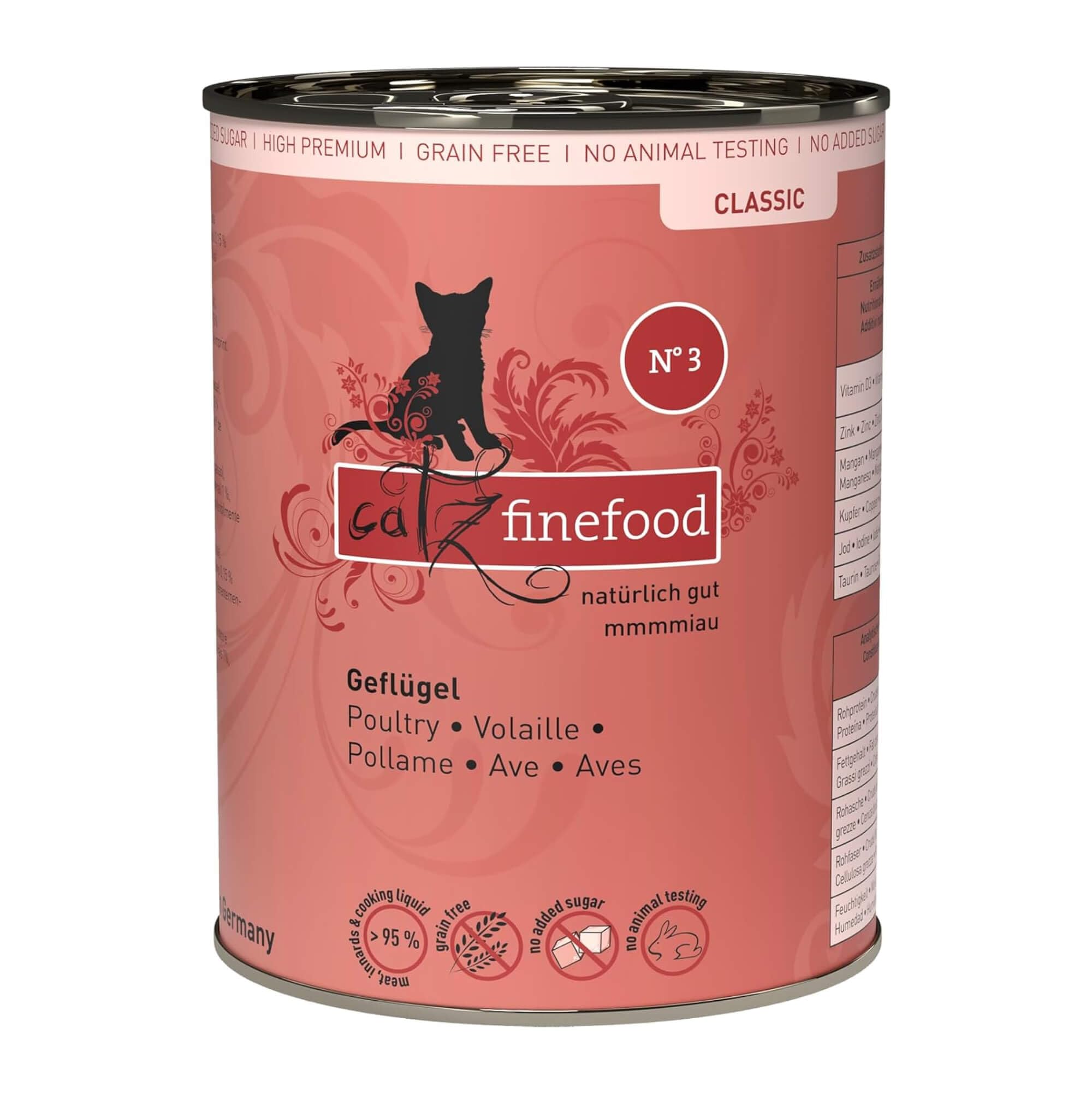 catz finefood N° 3 Geflügel Feinkost Katzenfutter nass, verfeinert mit Preiselbeeren & Löwenzahn, 6 x 400g Dosen